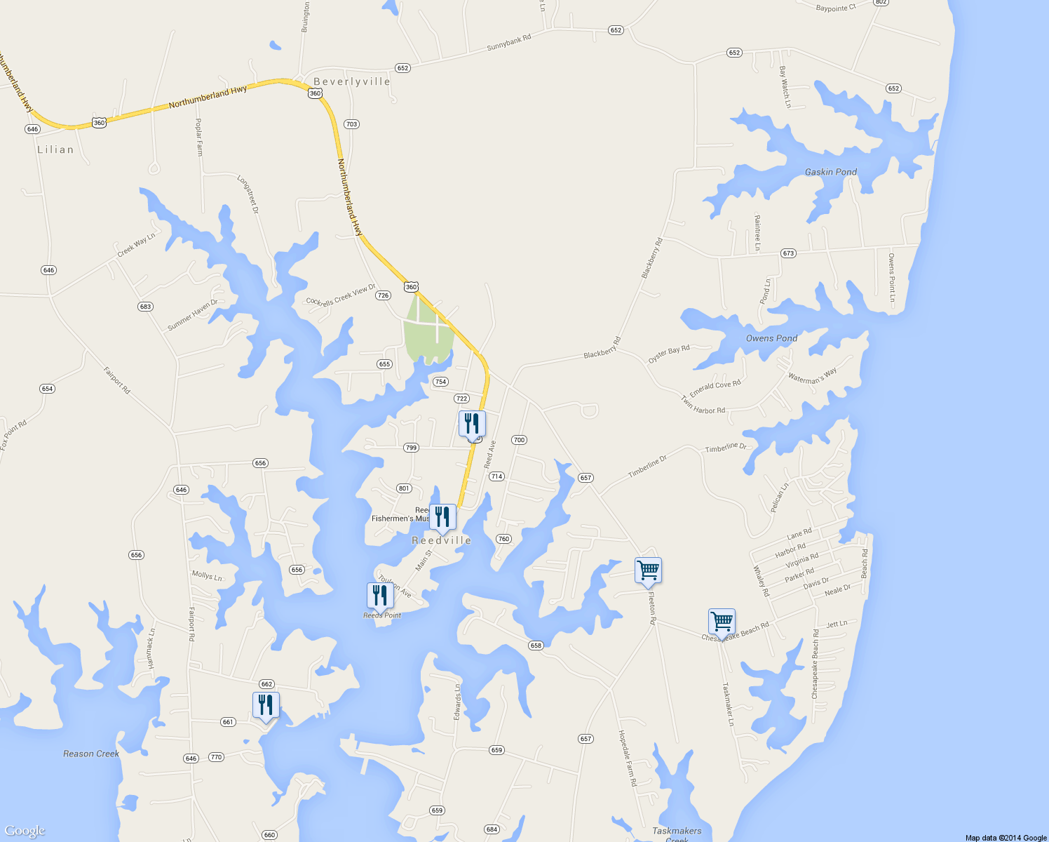 map of restaurants, bars, coffee shops, grocery stores, and more near 83 Sutton Avenue in Reedville