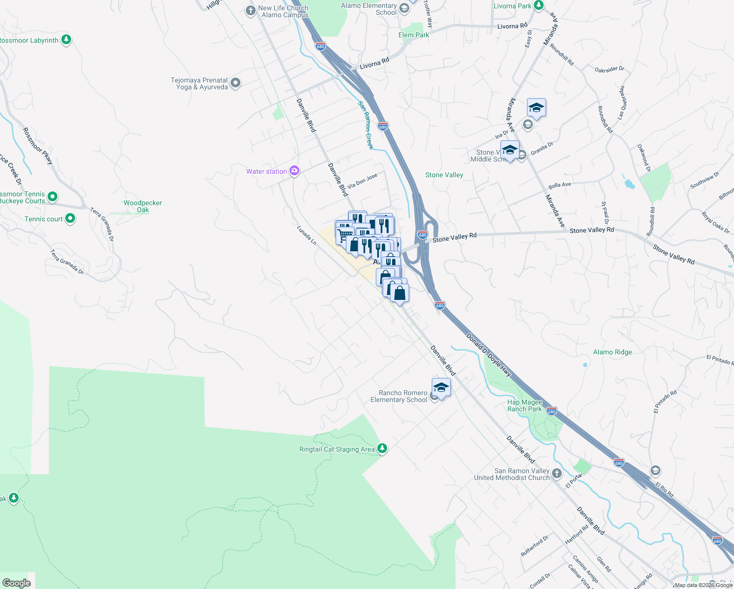 map of restaurants, bars, coffee shops, grocery stores, and more near 134 Gaywood Road in Alamo