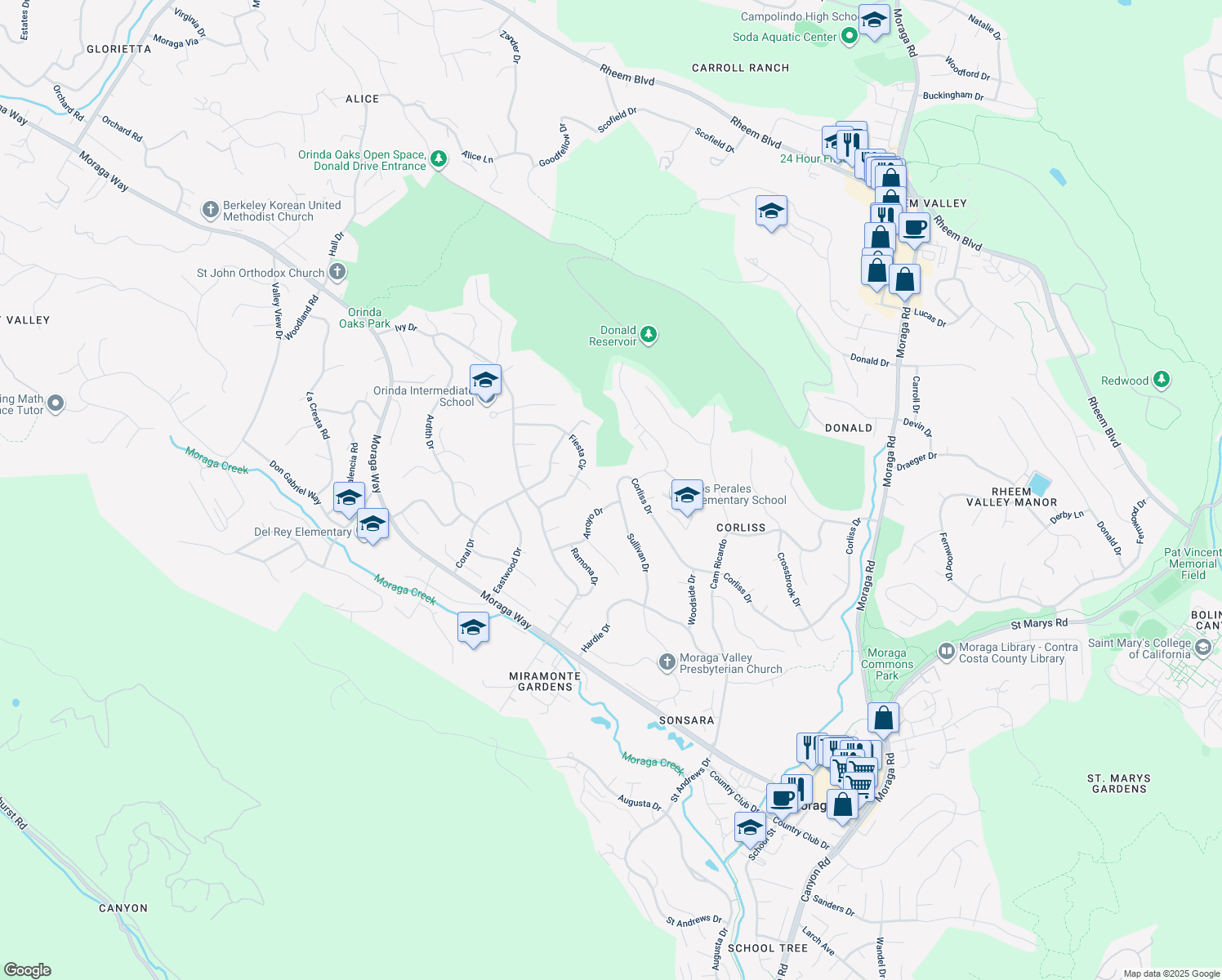 map of restaurants, bars, coffee shops, grocery stores, and more near 24 Sullivan Drive in Moraga