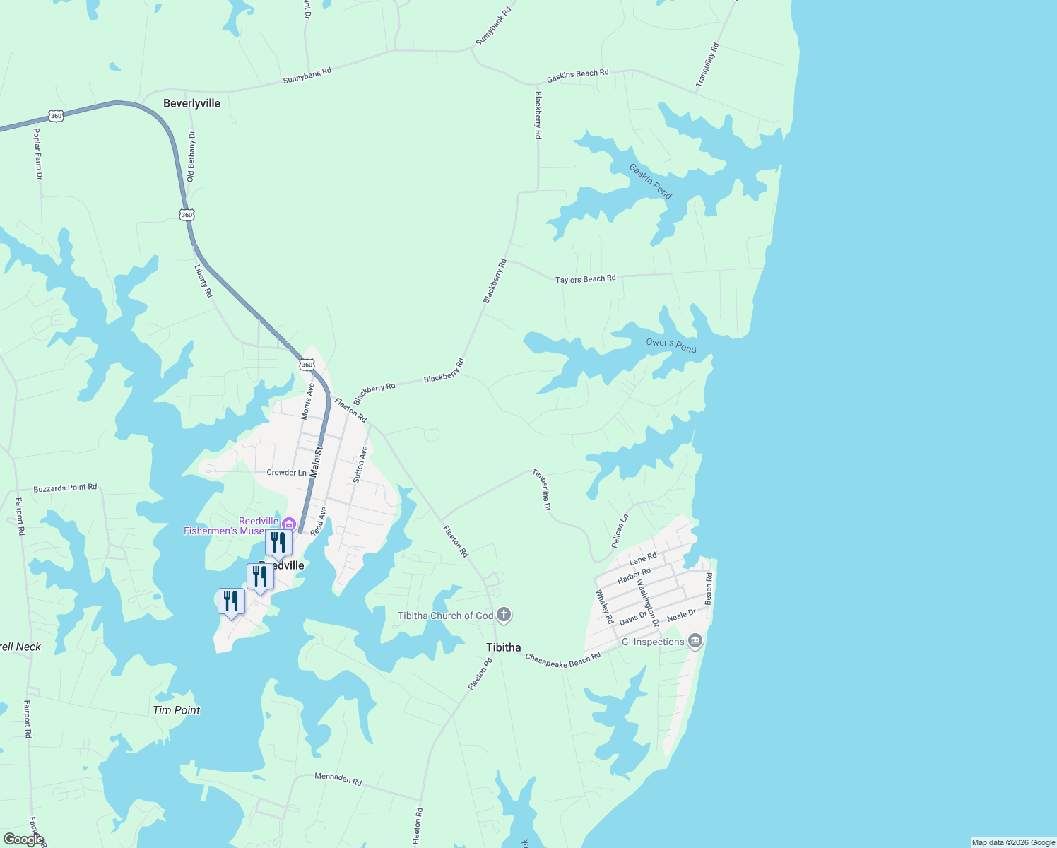 map of restaurants, bars, coffee shops, grocery stores, and more near 101 Emerald Cove Road in Reedville