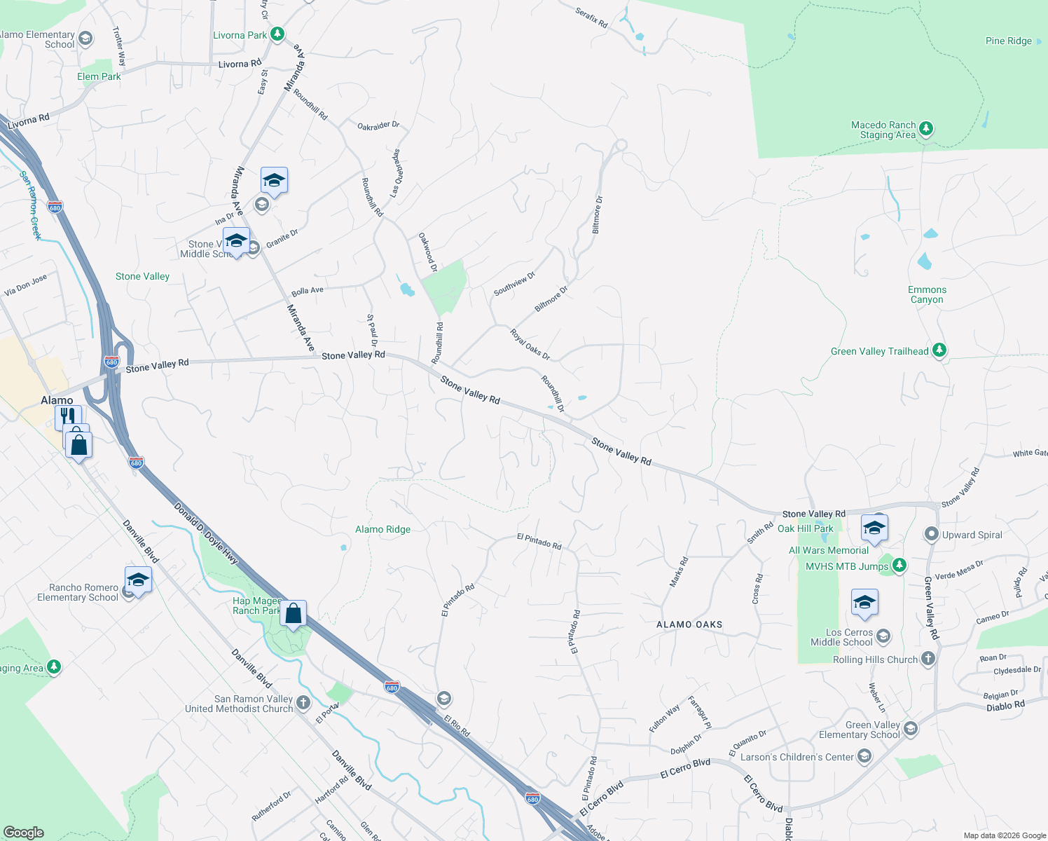 map of restaurants, bars, coffee shops, grocery stores, and more near 34 Alta Sierra Place in Alamo