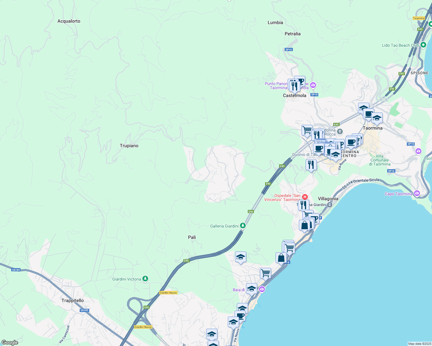 map of restaurants, bars, coffee shops, grocery stores, and more near Unnamed Road in Provincia di Messina