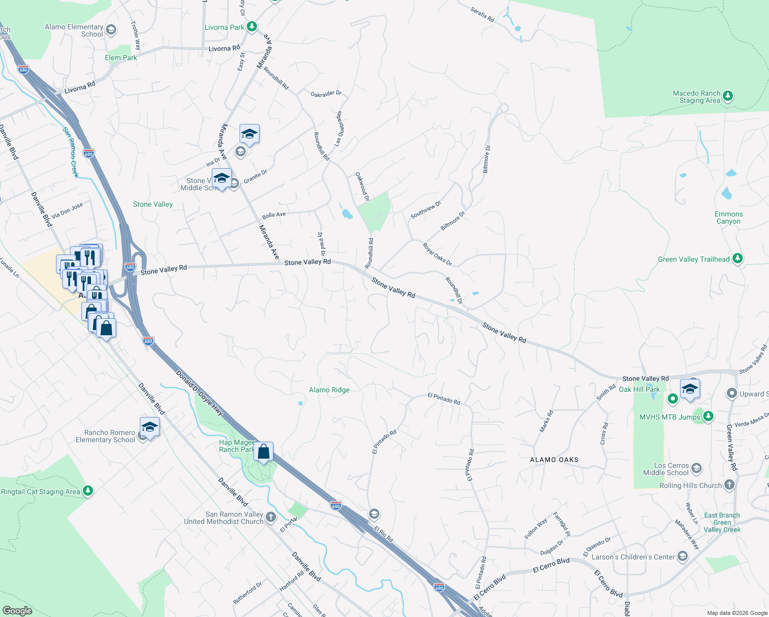 map of restaurants, bars, coffee shops, grocery stores, and more near 526 Justin Morgan Drive in Alamo