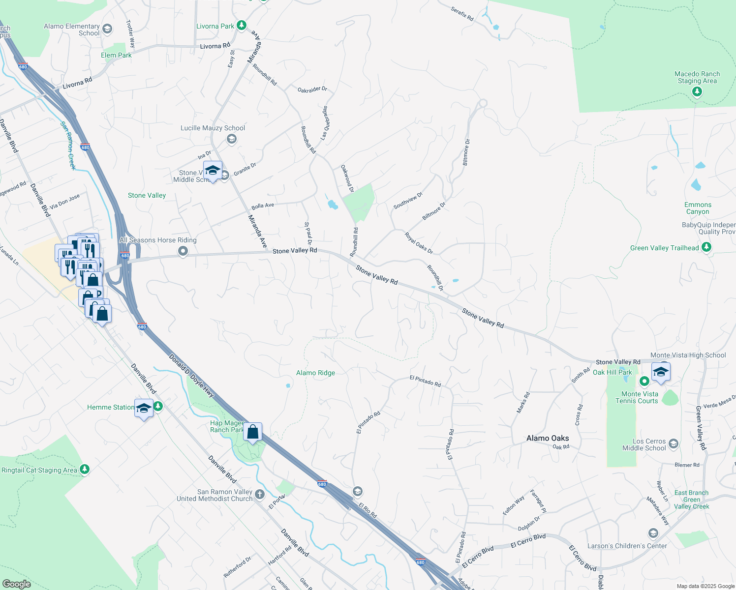 map of restaurants, bars, coffee shops, grocery stores, and more near 526 Justin Morgan Drive in Alamo