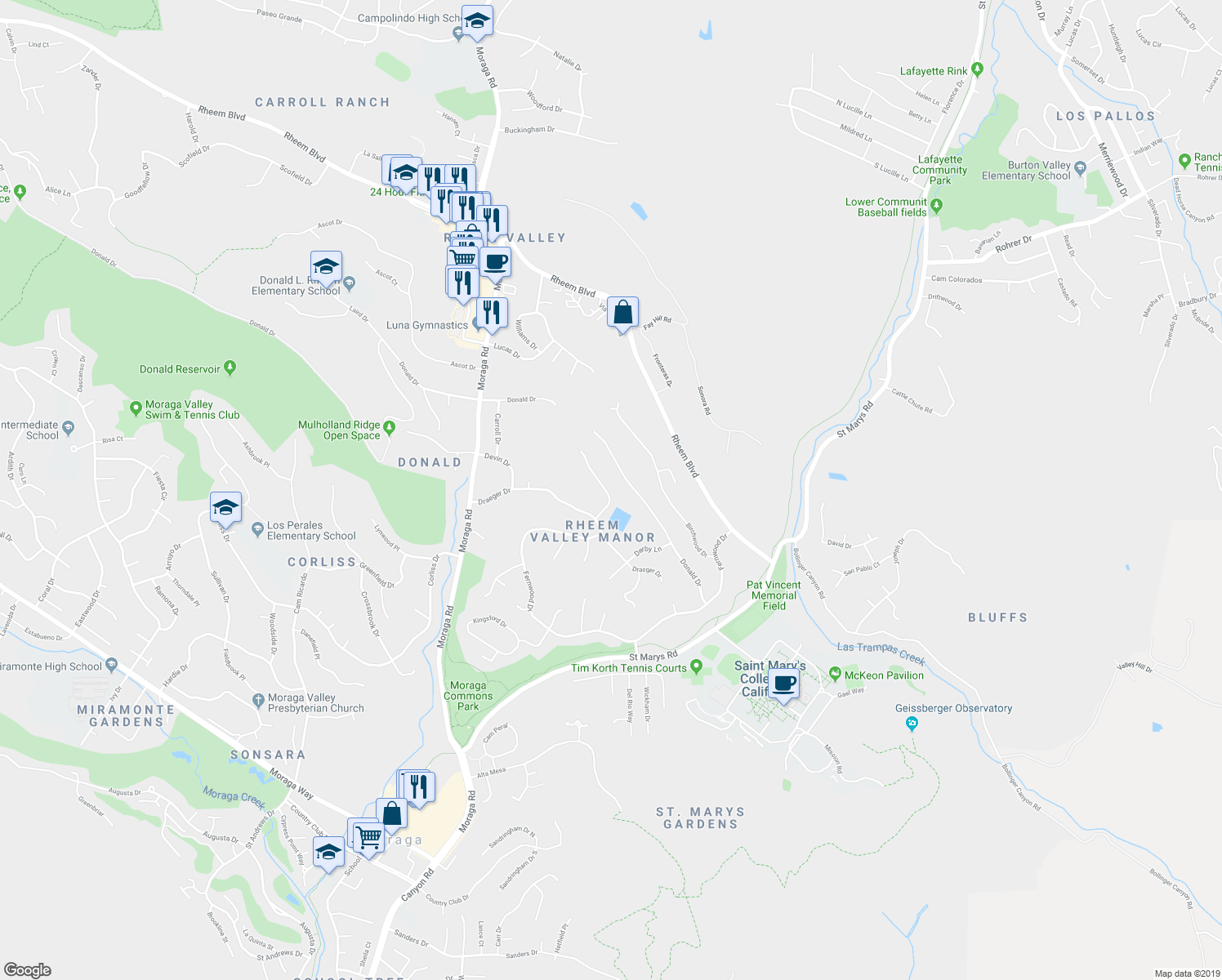 map of restaurants, bars, coffee shops, grocery stores, and more near 303 Claudia Court in Moraga