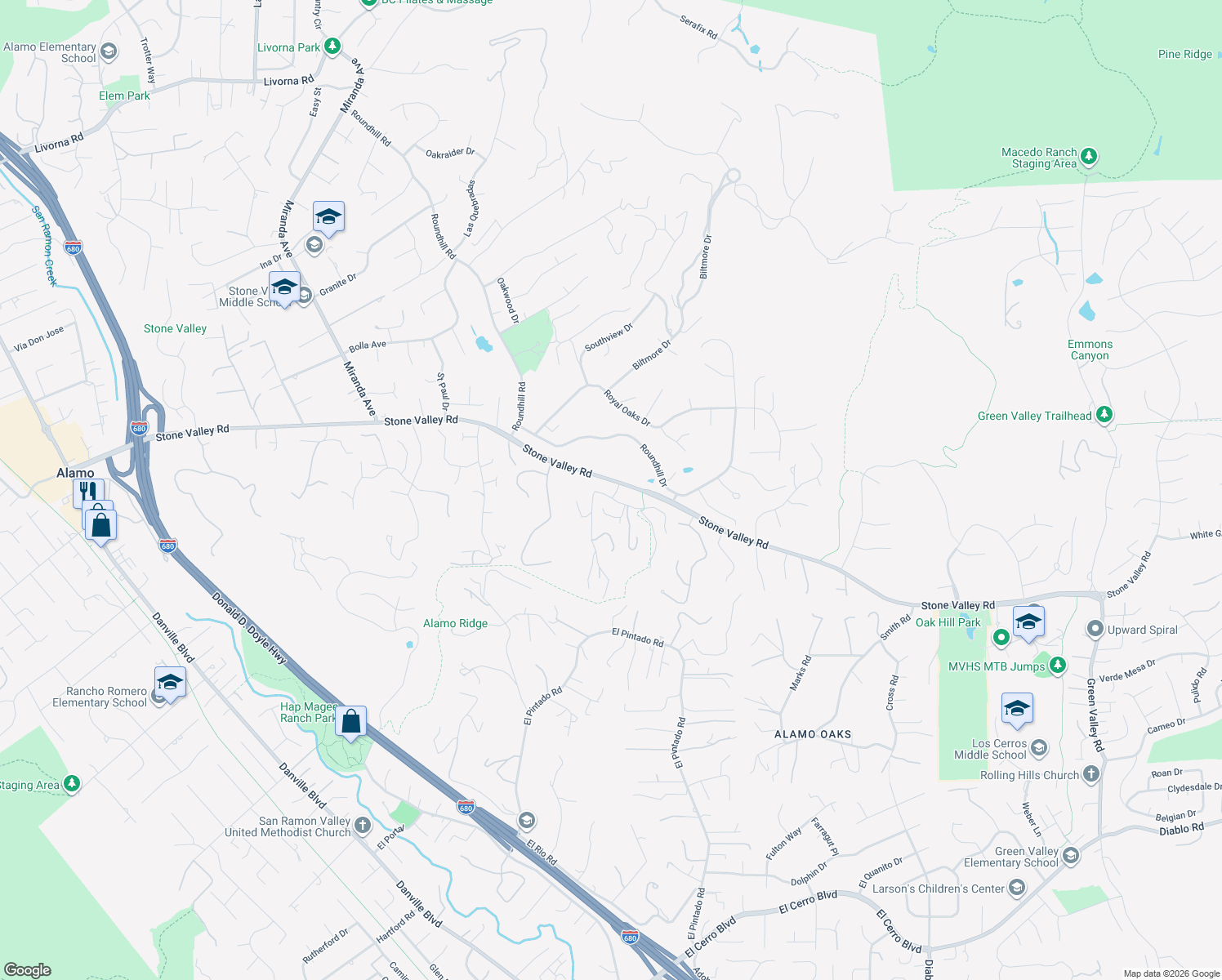 map of restaurants, bars, coffee shops, grocery stores, and more near 34 Alta Sierra Place in Alamo