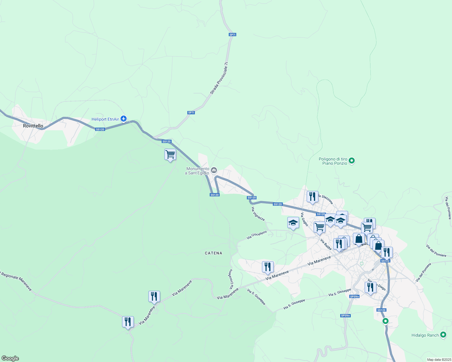 map of restaurants, bars, coffee shops, grocery stores, and more near 97 SS120 in Linguaglossa