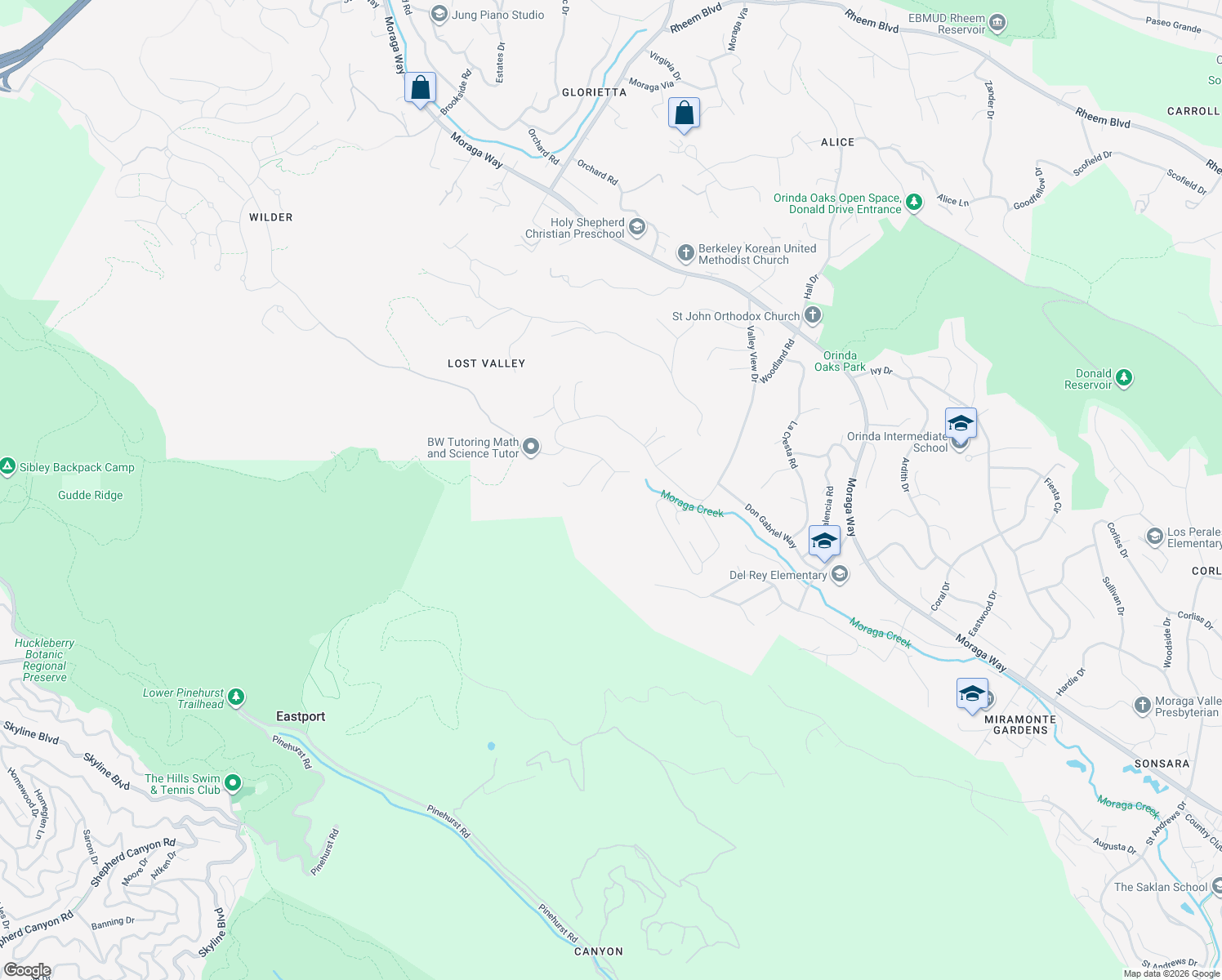 map of restaurants, bars, coffee shops, grocery stores, and more near 70 Lost Valley Drive in Orinda