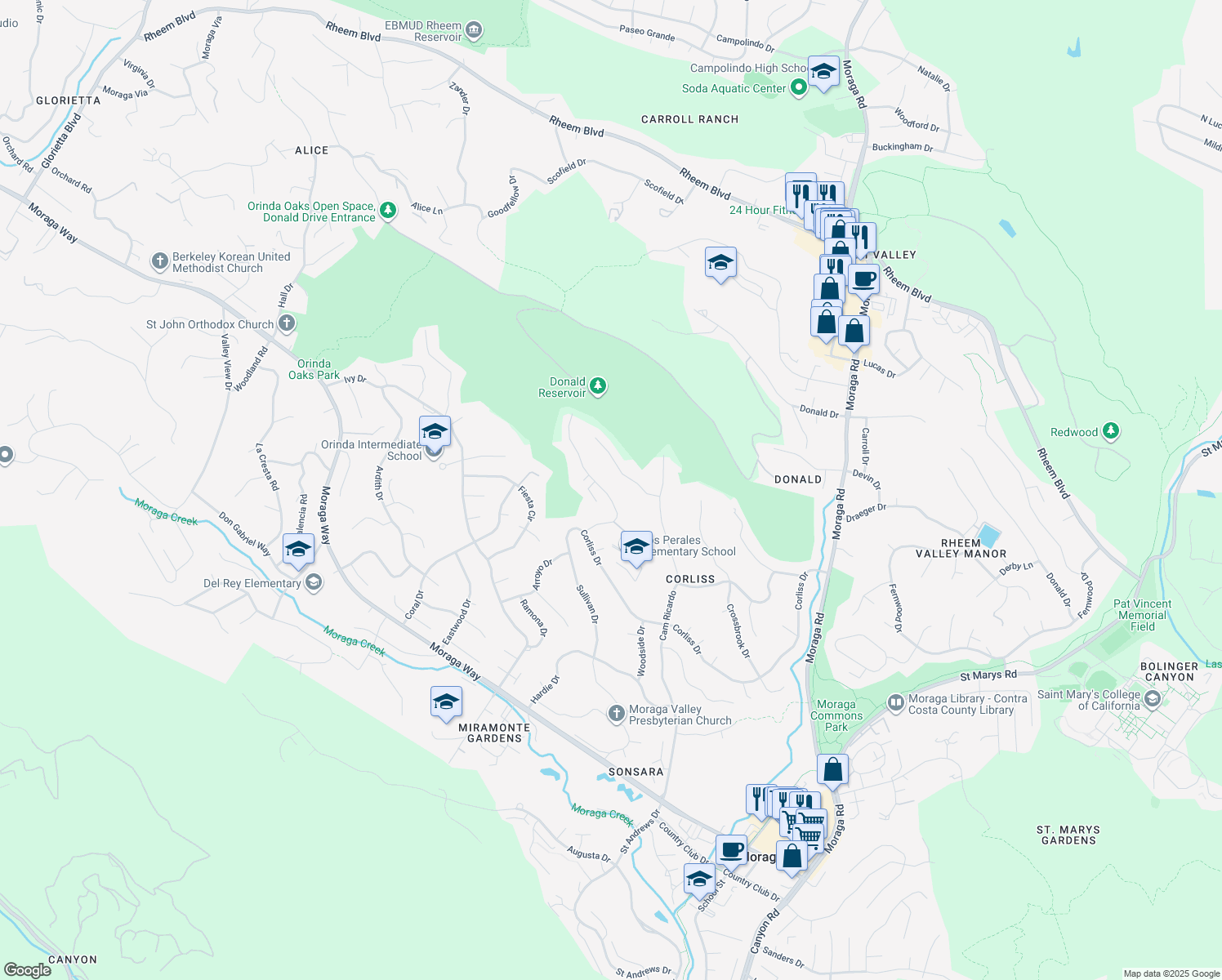 map of restaurants, bars, coffee shops, grocery stores, and more near 74 Warfield Drive in Moraga