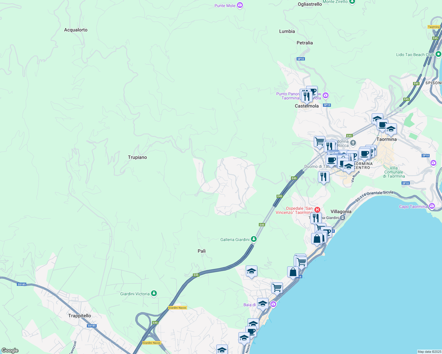 map of restaurants, bars, coffee shops, grocery stores, and more near Unnamed Road in Provincia di Messina