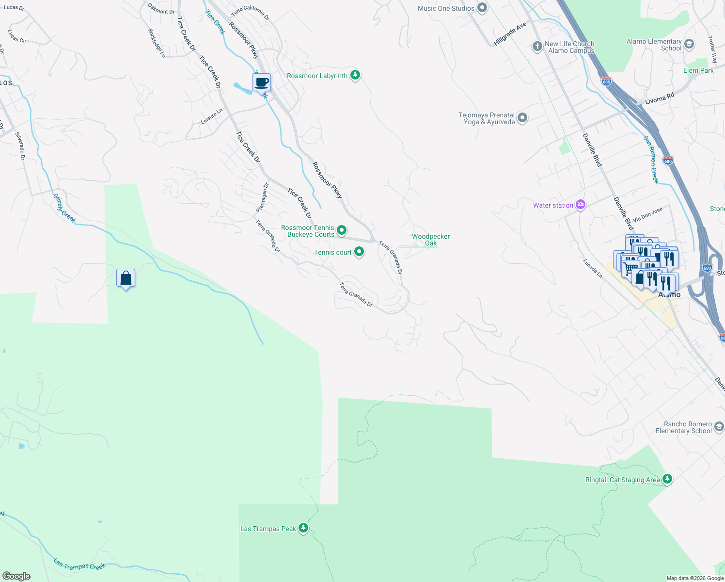 map of restaurants, bars, coffee shops, grocery stores, and more near 4431 Terra Granada Dr in Walnut Creek