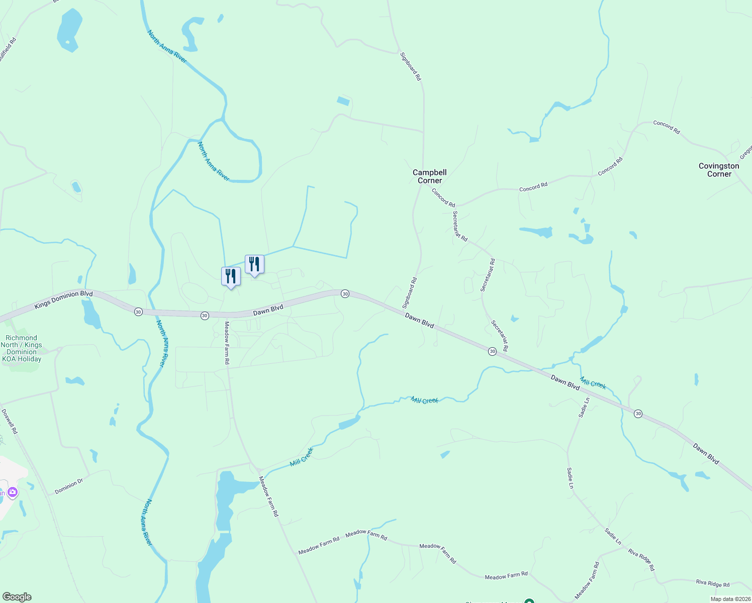 map of restaurants, bars, coffee shops, grocery stores, and more near 13601-14031 Dawn Boulevard in Doswell