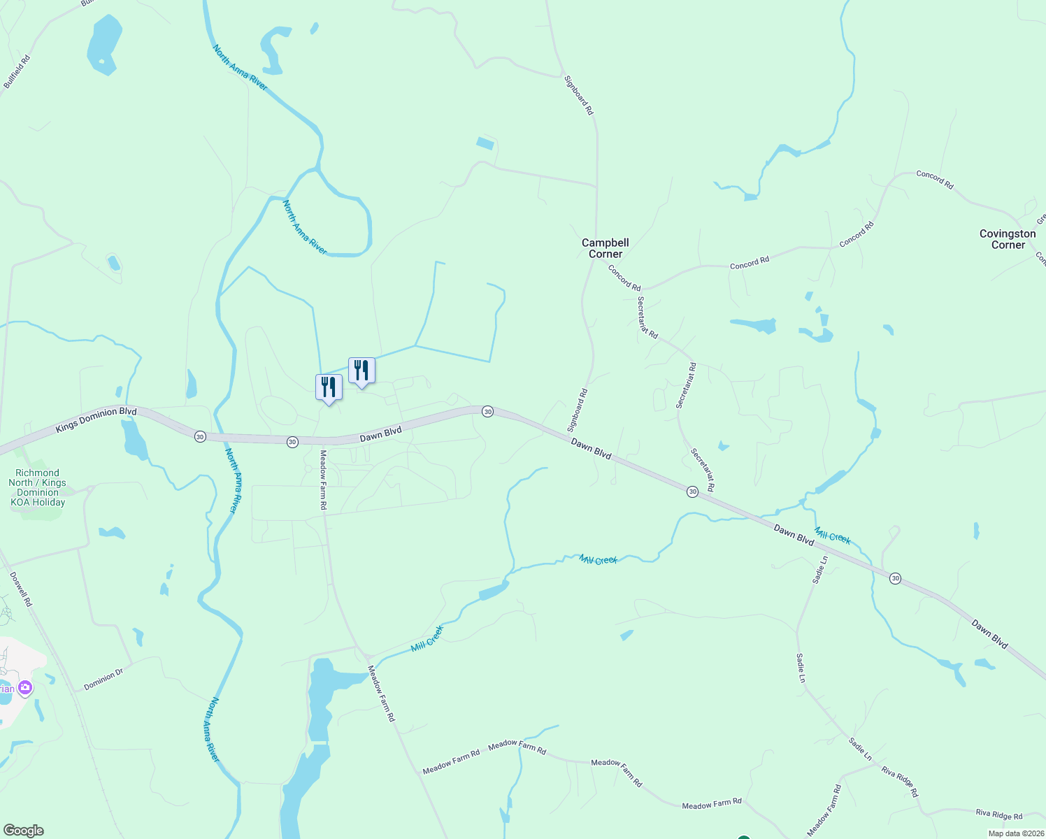 map of restaurants, bars, coffee shops, grocery stores, and more near 13601 Dawn Boulevard in Doswell