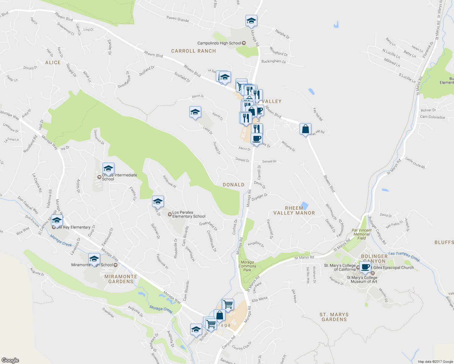 map of restaurants, bars, coffee shops, grocery stores, and more near 1758 Donald Drive in Moraga