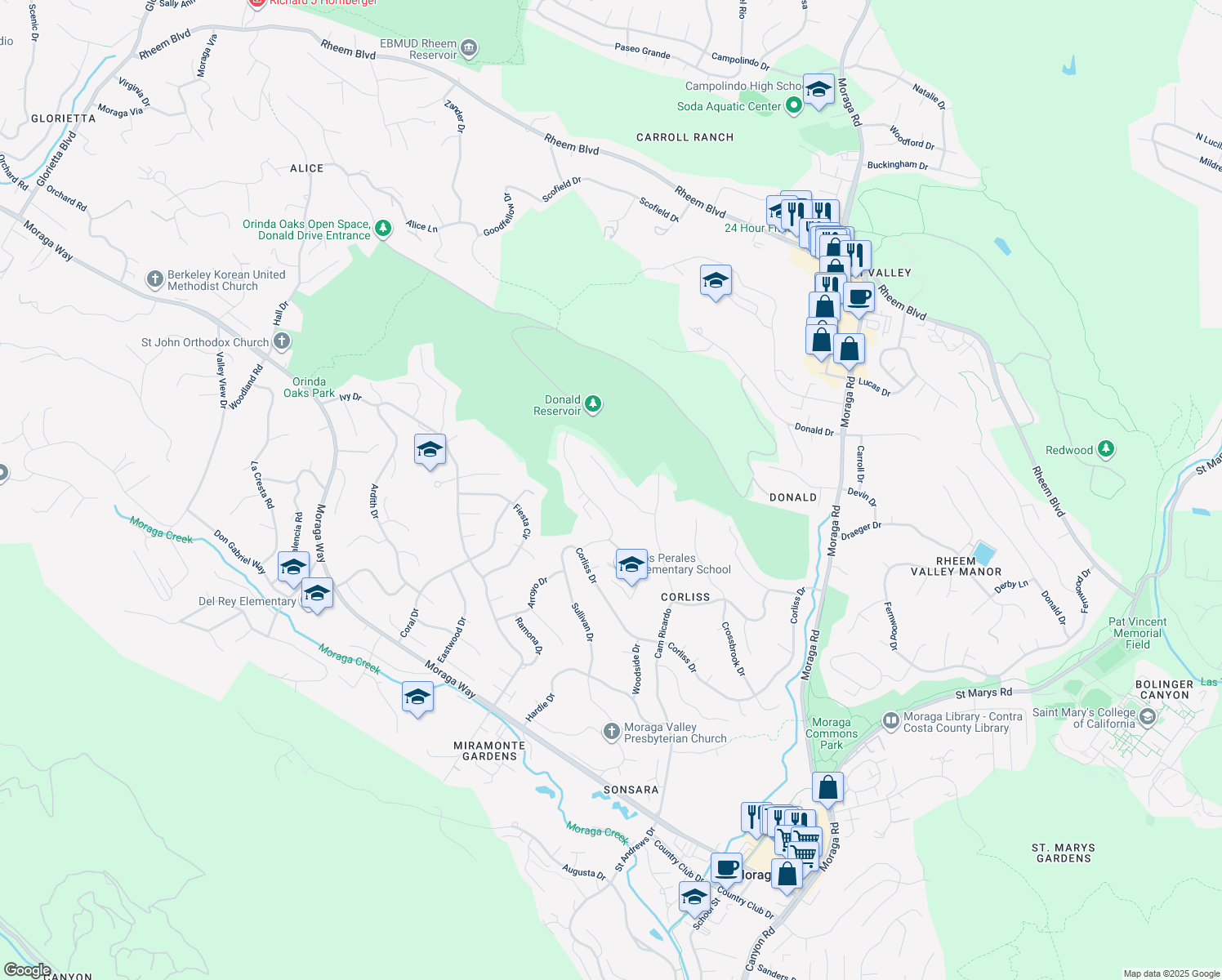 map of restaurants, bars, coffee shops, grocery stores, and more near 51 Ashbrook Place in Moraga