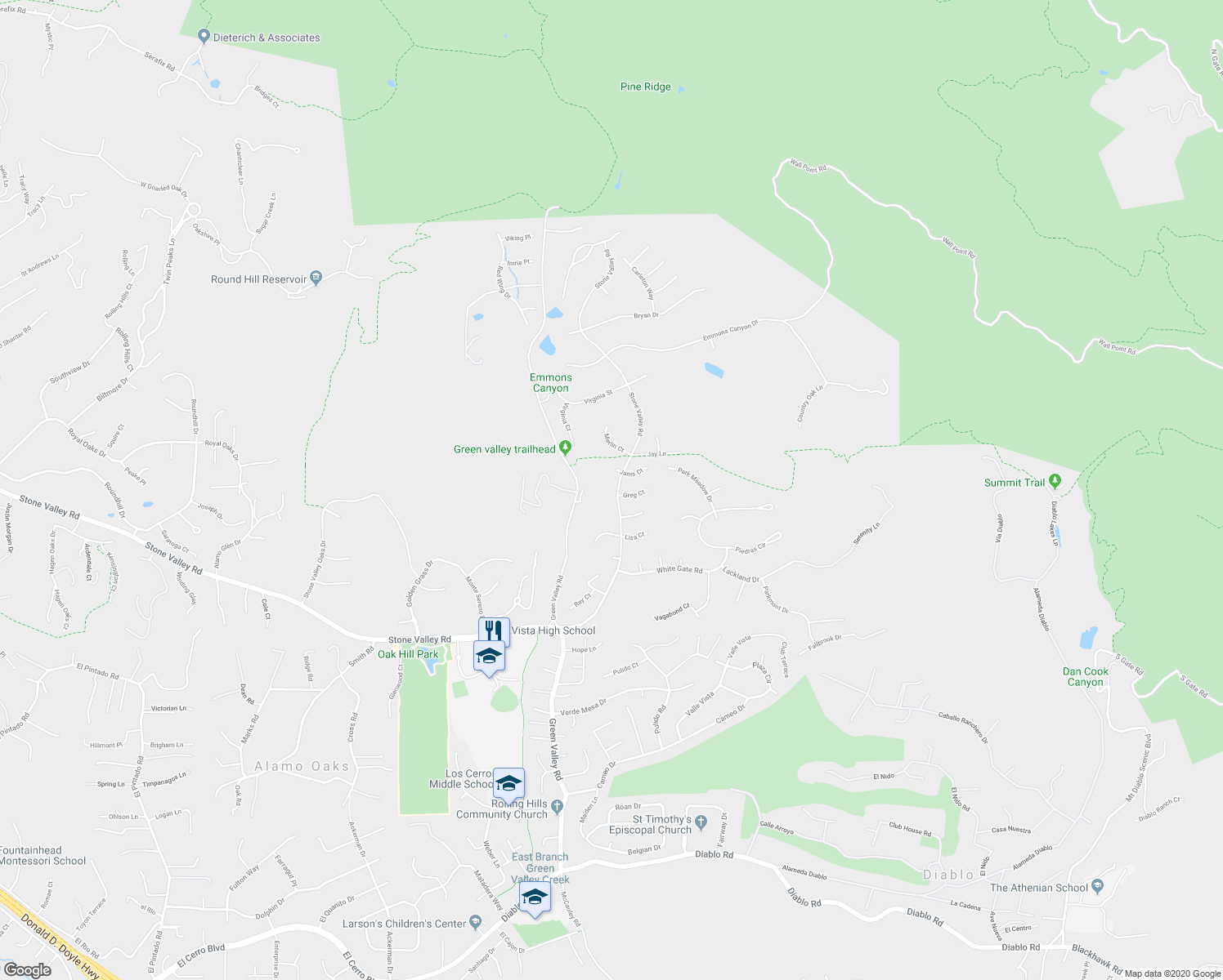 map of restaurants, bars, coffee shops, grocery stores, and more near 3272 Stone Valley Road in Alamo