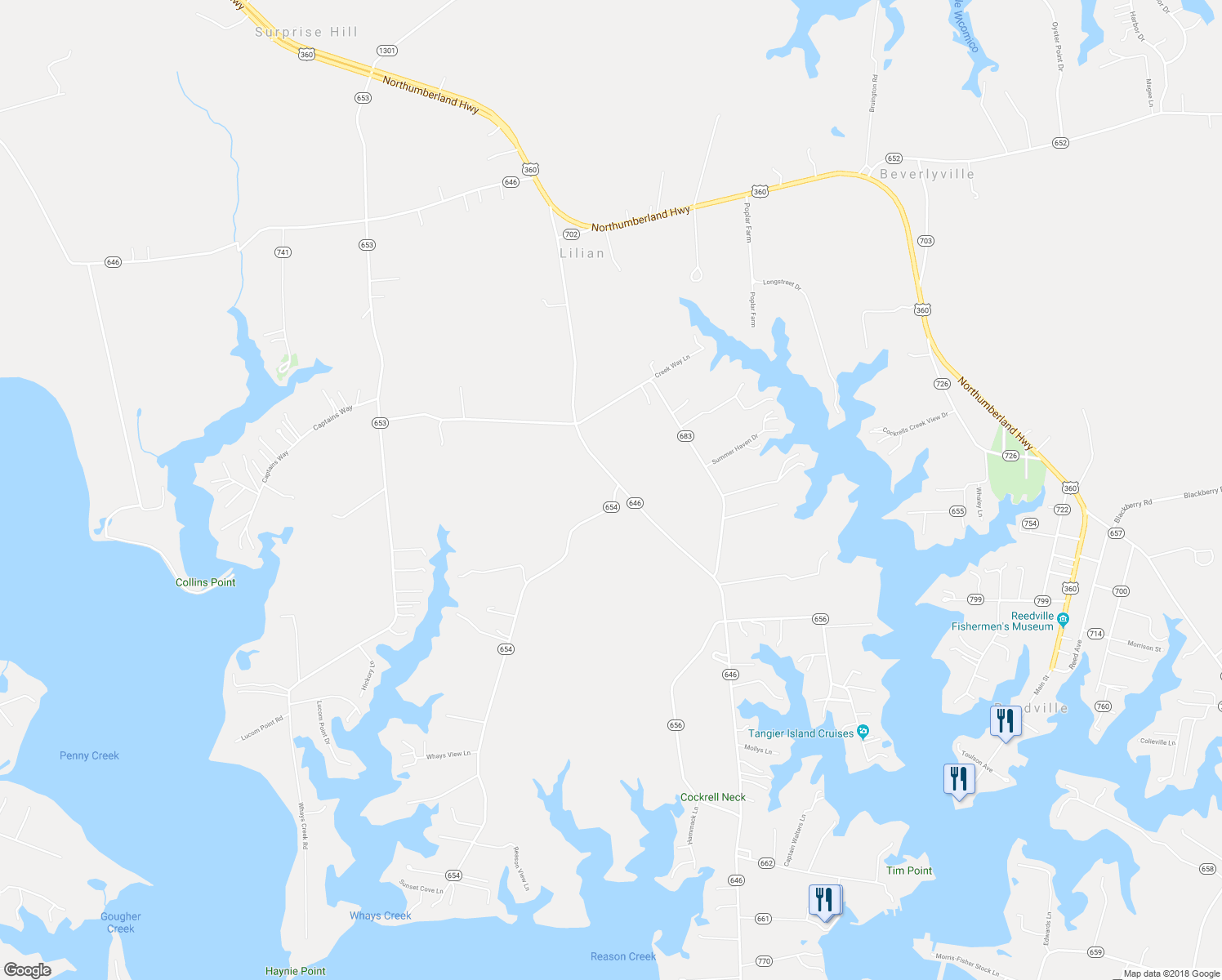 map of restaurants, bars, coffee shops, grocery stores, and more near 38 Fox Point Road in Reedville