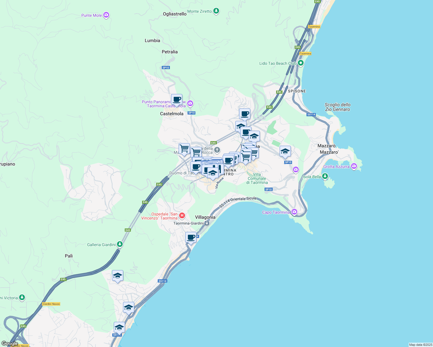 map of restaurants, bars, coffee shops, grocery stores, and more near 2A Salita Alexander Humboldt in Taormina