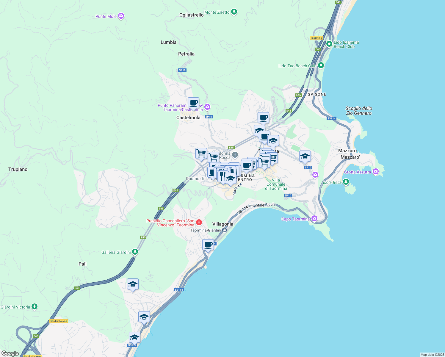map of restaurants, bars, coffee shops, grocery stores, and more near Piazza del Carmine in Taormina