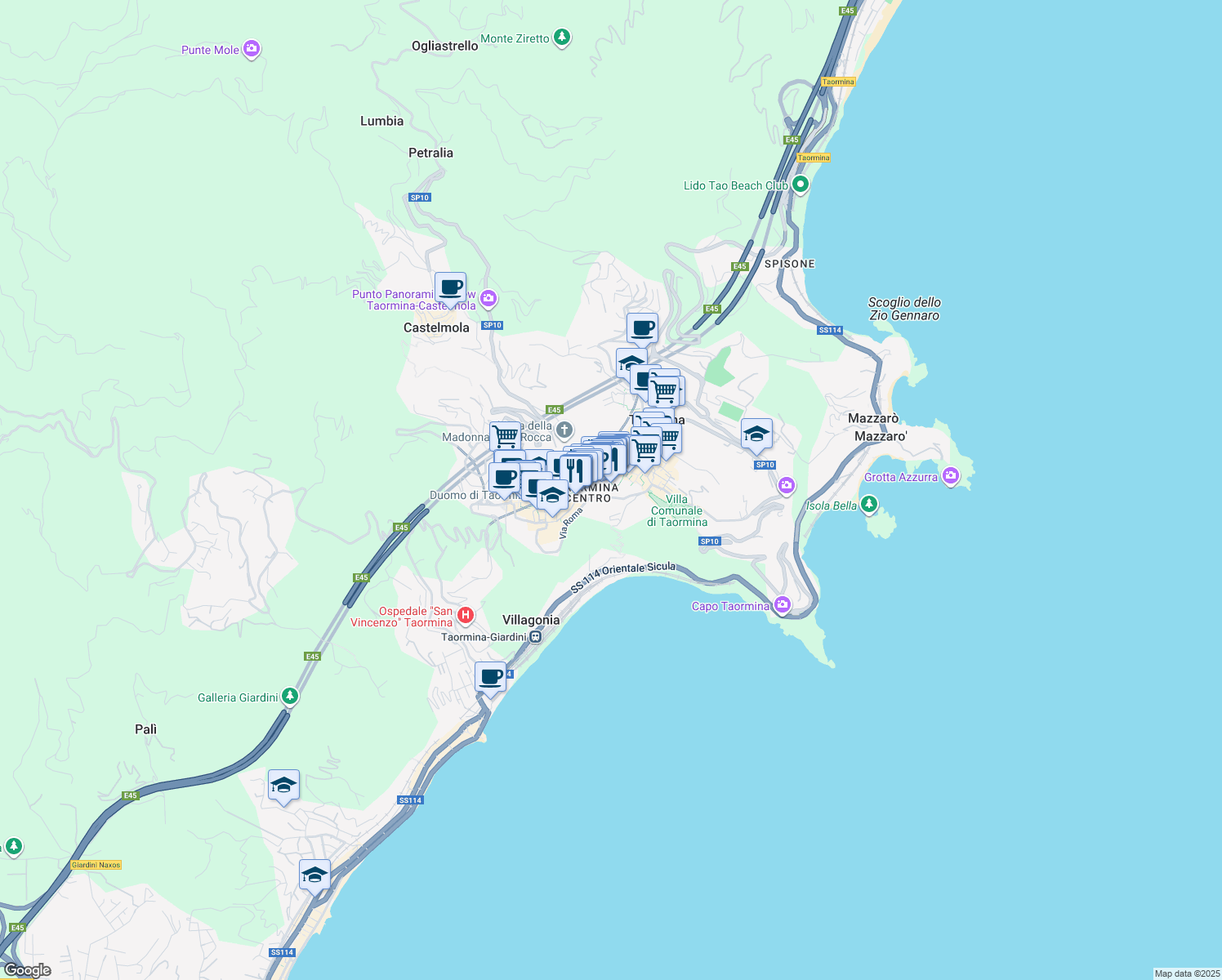 map of restaurants, bars, coffee shops, grocery stores, and more near Vico Teofane Cerameo in Taormina