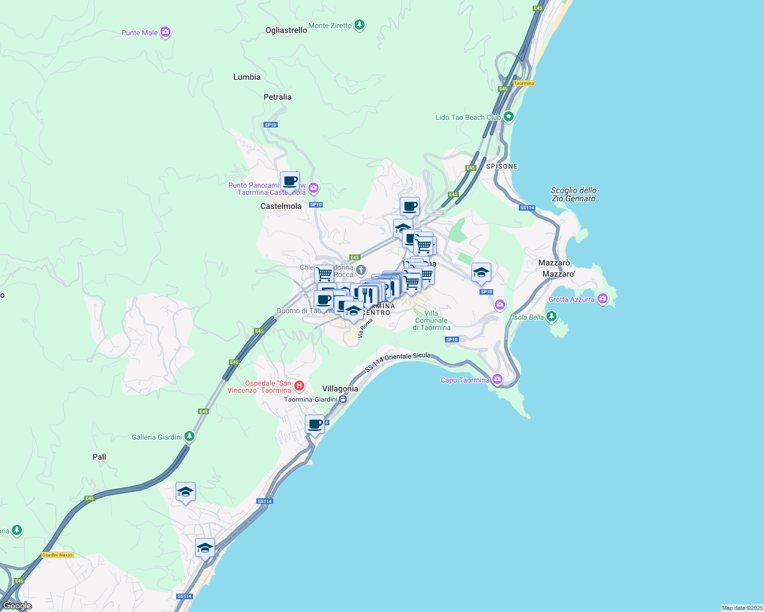 map of restaurants, bars, coffee shops, grocery stores, and more near Vico Teofane Cerameo in Taormina