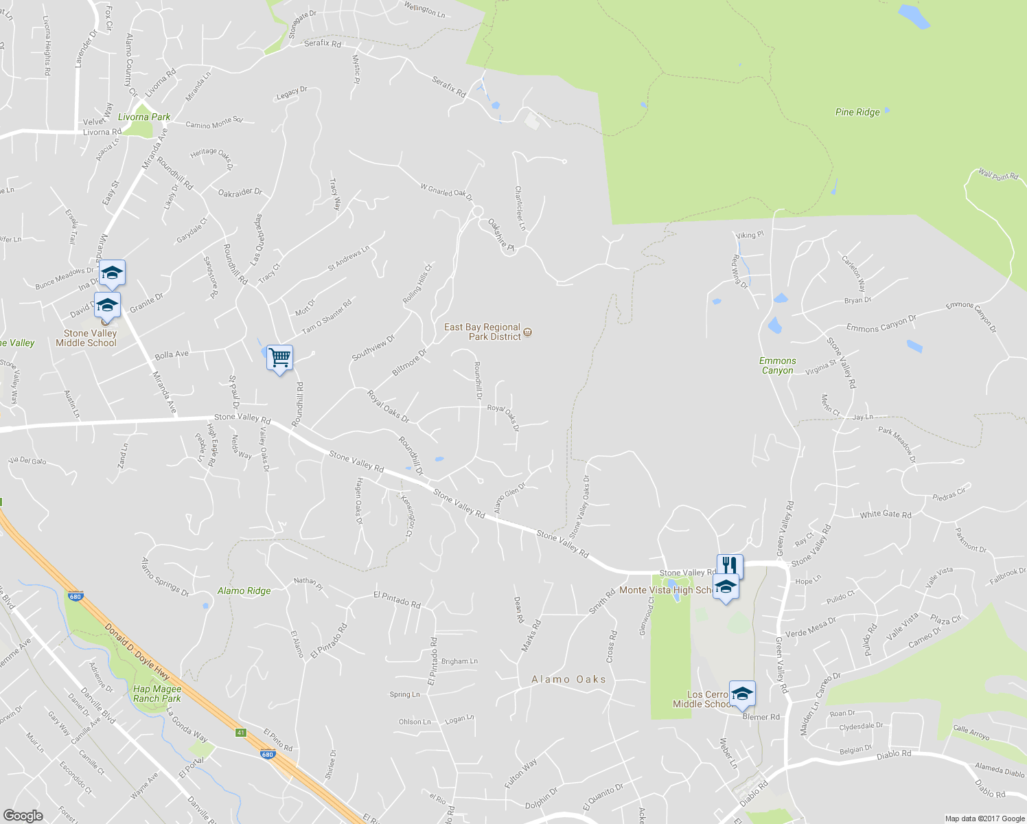 map of restaurants, bars, coffee shops, grocery stores, and more near 2565 Royal Oaks Drive in Alamo