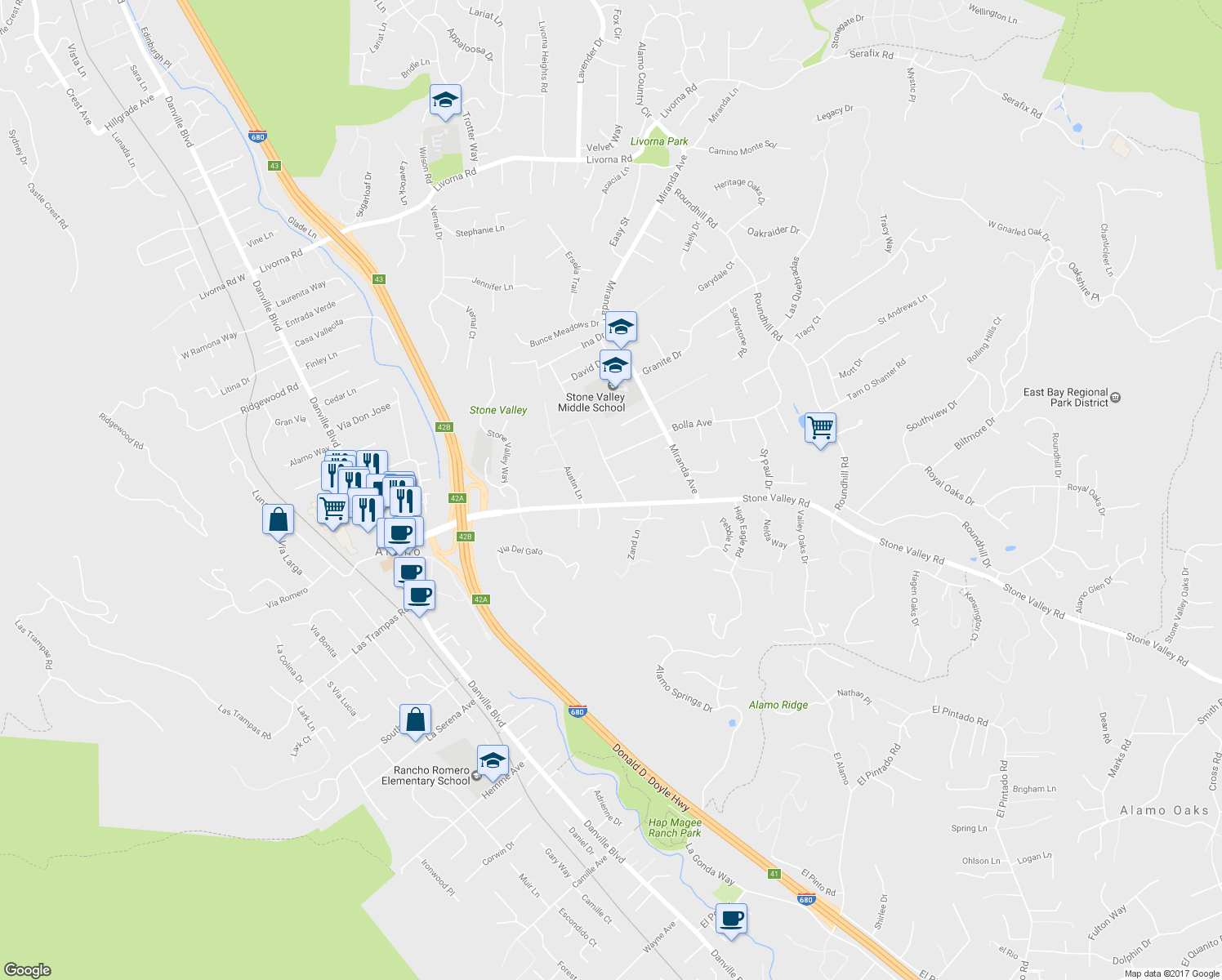 map of restaurants, bars, coffee shops, grocery stores, and more near 115 Angela Avenue in Alamo