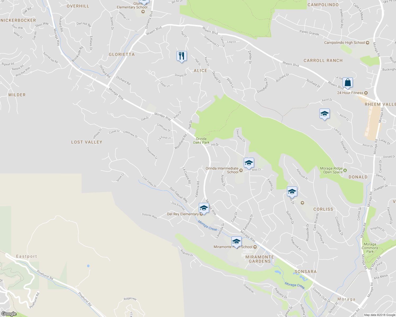 map of restaurants, bars, coffee shops, grocery stores, and more near 13 Carmen Court in Orinda