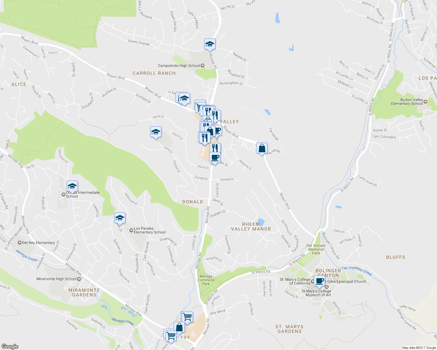map of restaurants, bars, coffee shops, grocery stores, and more near 119 Donald Drive in Moraga