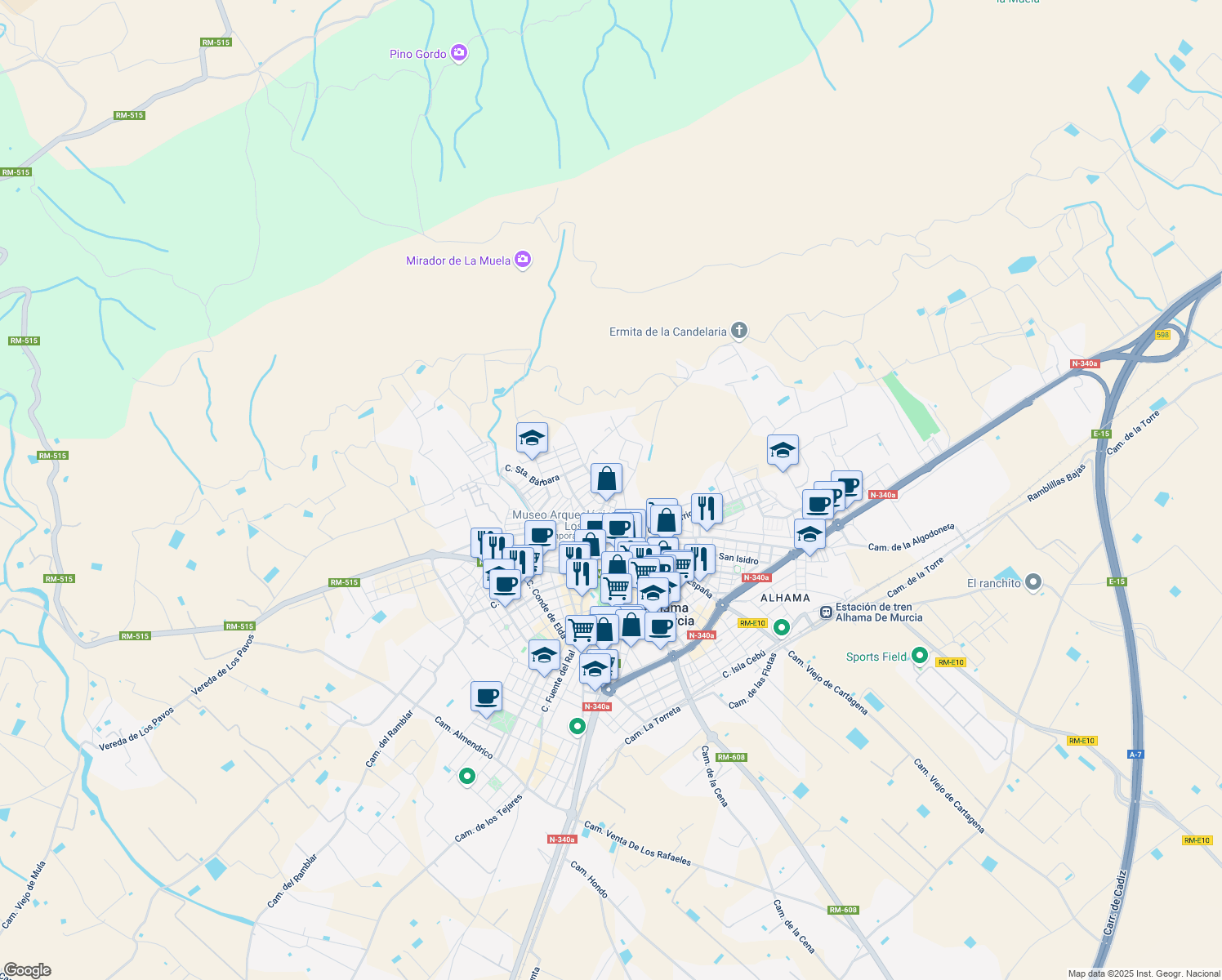 map of restaurants, bars, coffee shops, grocery stores, and more near 20 Rambla San Roque in Alhama de Murcia