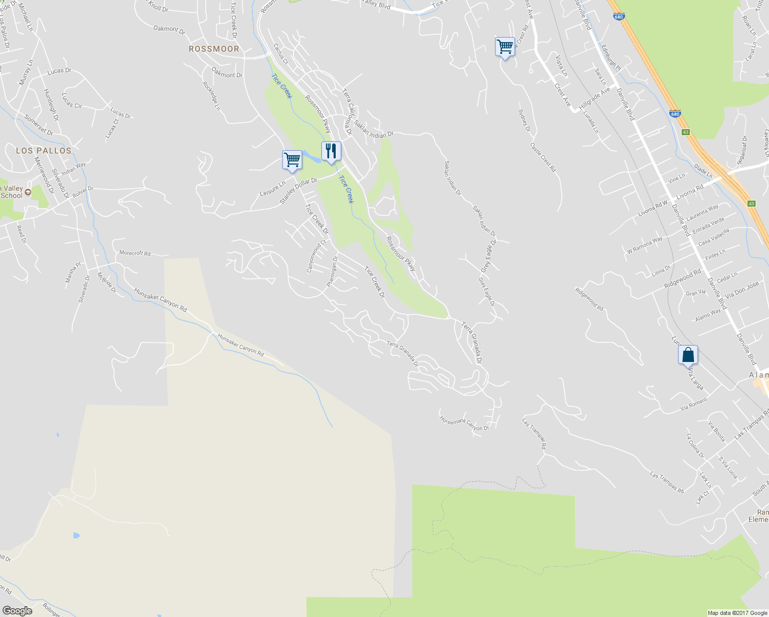 map of restaurants, bars, coffee shops, grocery stores, and more near 3411 Tice Creek Drive in Walnut Creek