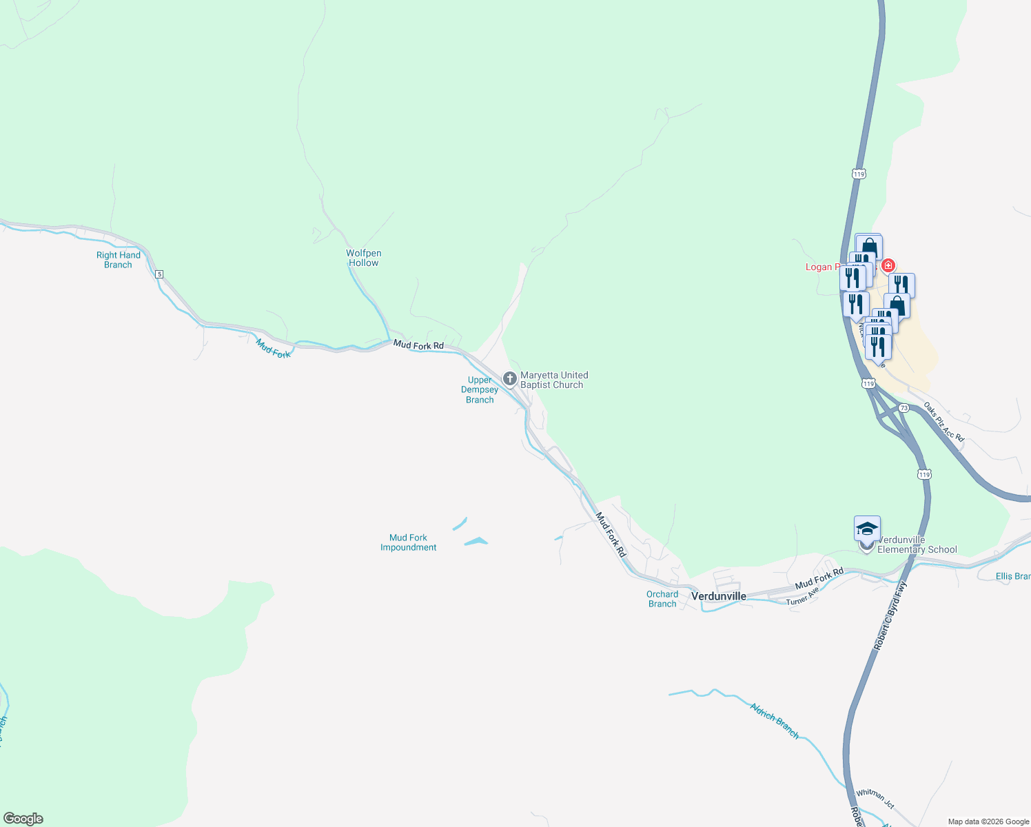 map of restaurants, bars, coffee shops, grocery stores, and more near 146 Mud Fork Road in Mount Gay-Shamrock
