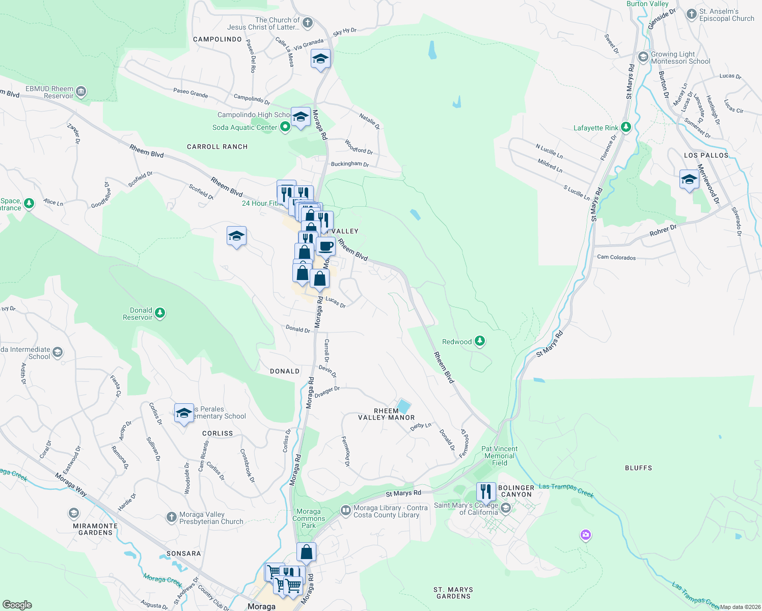 map of restaurants, bars, coffee shops, grocery stores, and more near 45 Williams Drive in Moraga