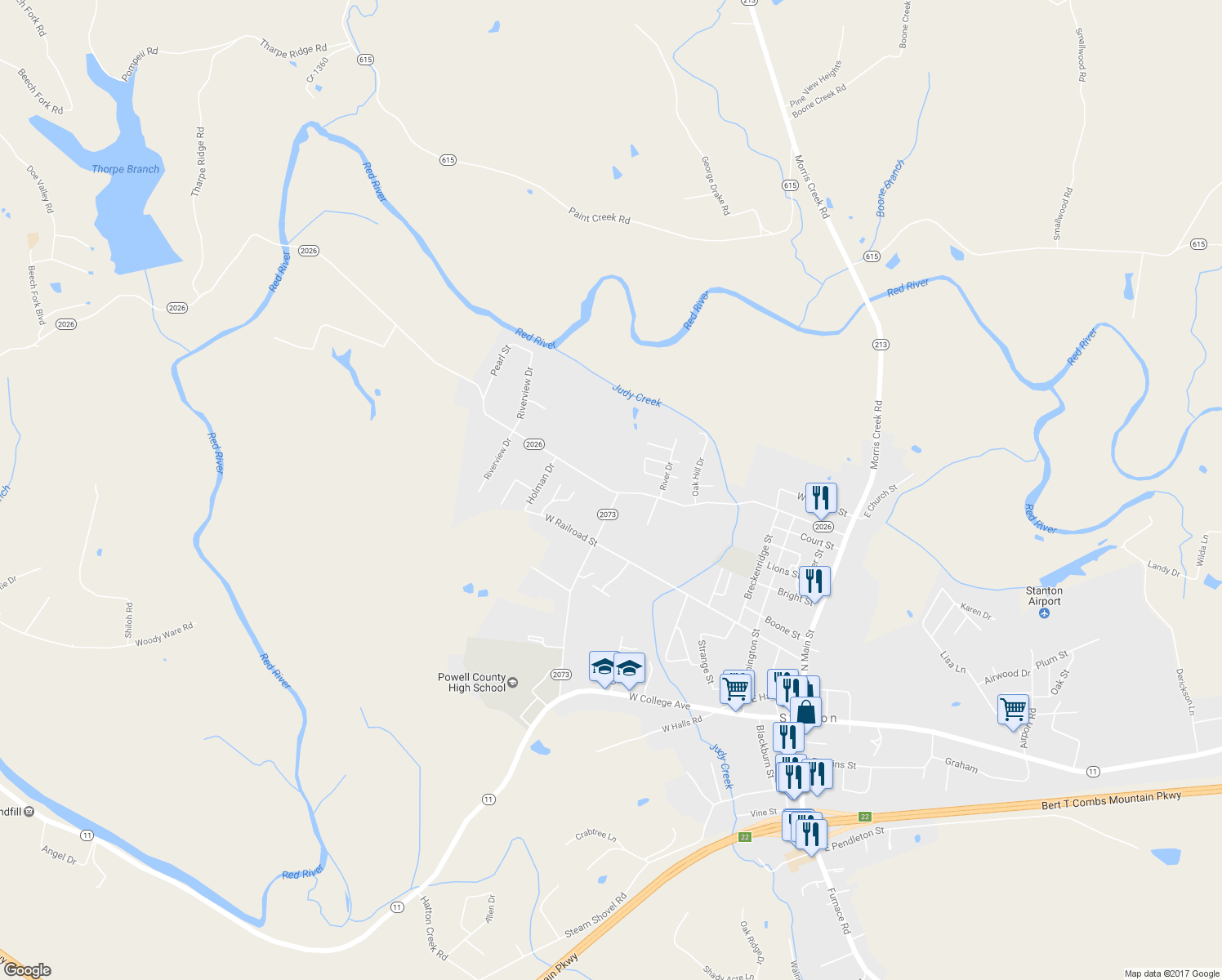 map of restaurants, bars, coffee shops, grocery stores, and more near 695 Maple Street in Stanton