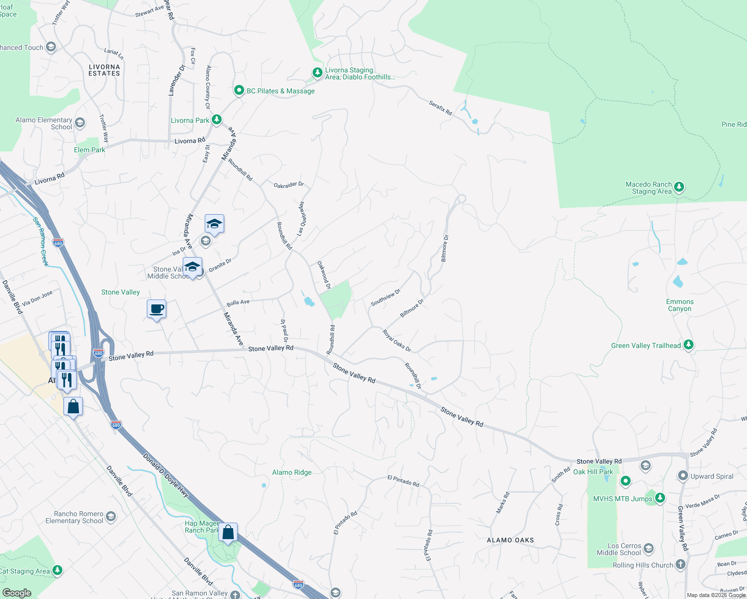 map of restaurants, bars, coffee shops, grocery stores, and more near 2433 Southview Drive in Alamo