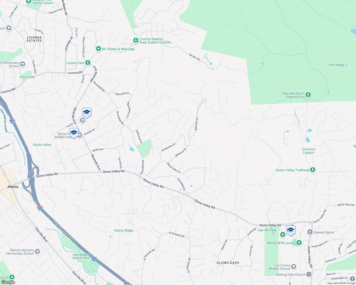 map of restaurants, bars, coffee shops, grocery stores, and more near 2491 Southview Drive in Alamo