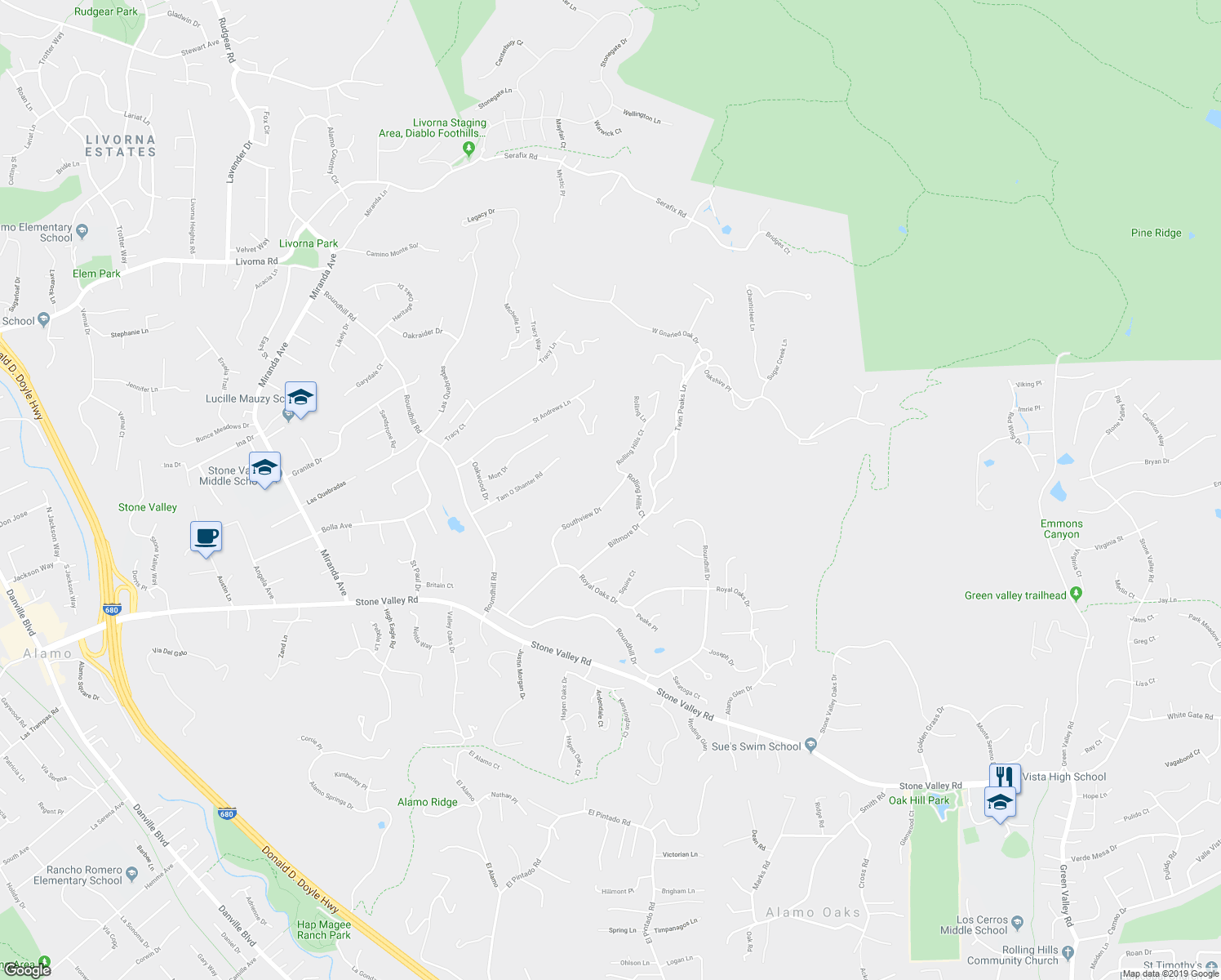 map of restaurants, bars, coffee shops, grocery stores, and more near 2491 Southview Drive in Alamo