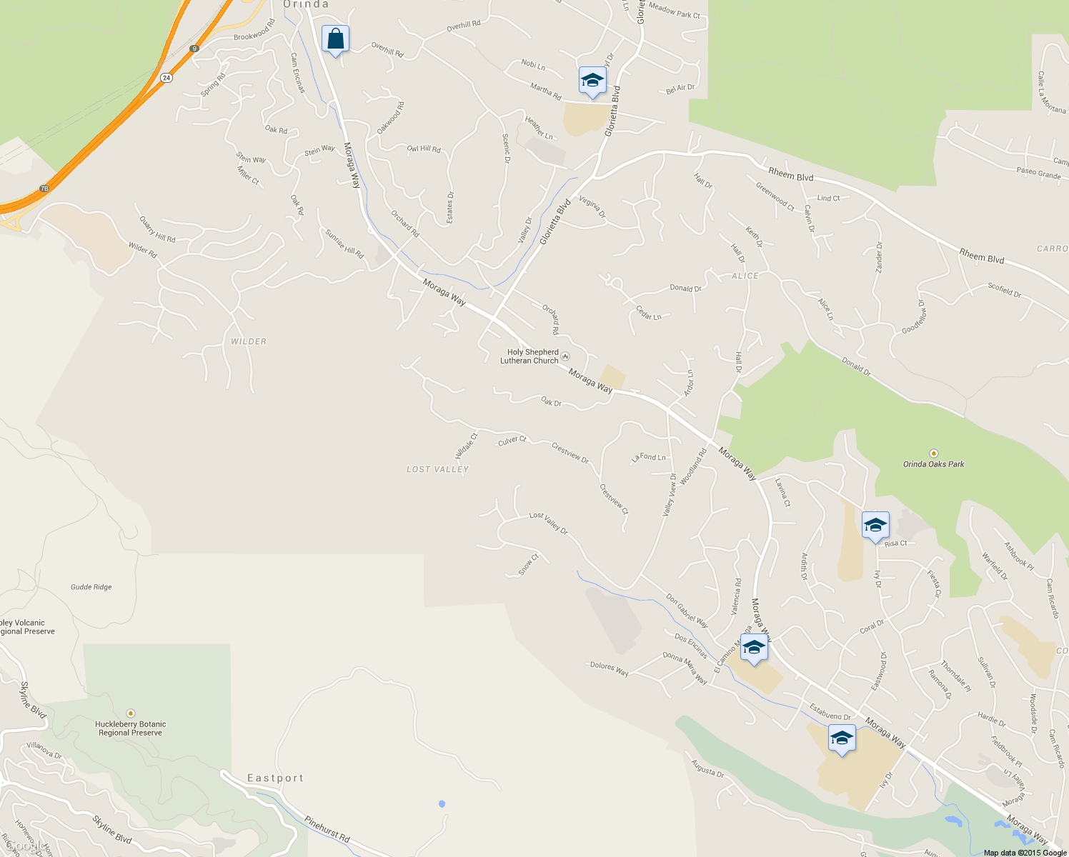 map of restaurants, bars, coffee shops, grocery stores, and more near 142 Crestview Drive in Orinda