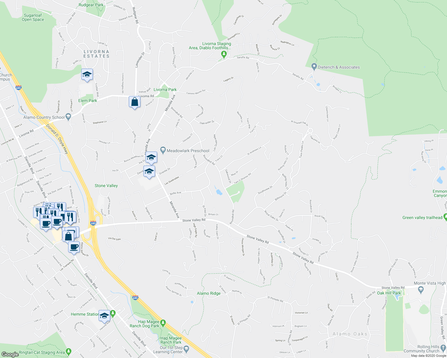 map of restaurants, bars, coffee shops, grocery stores, and more near 3143 Roundhill Road in Alamo