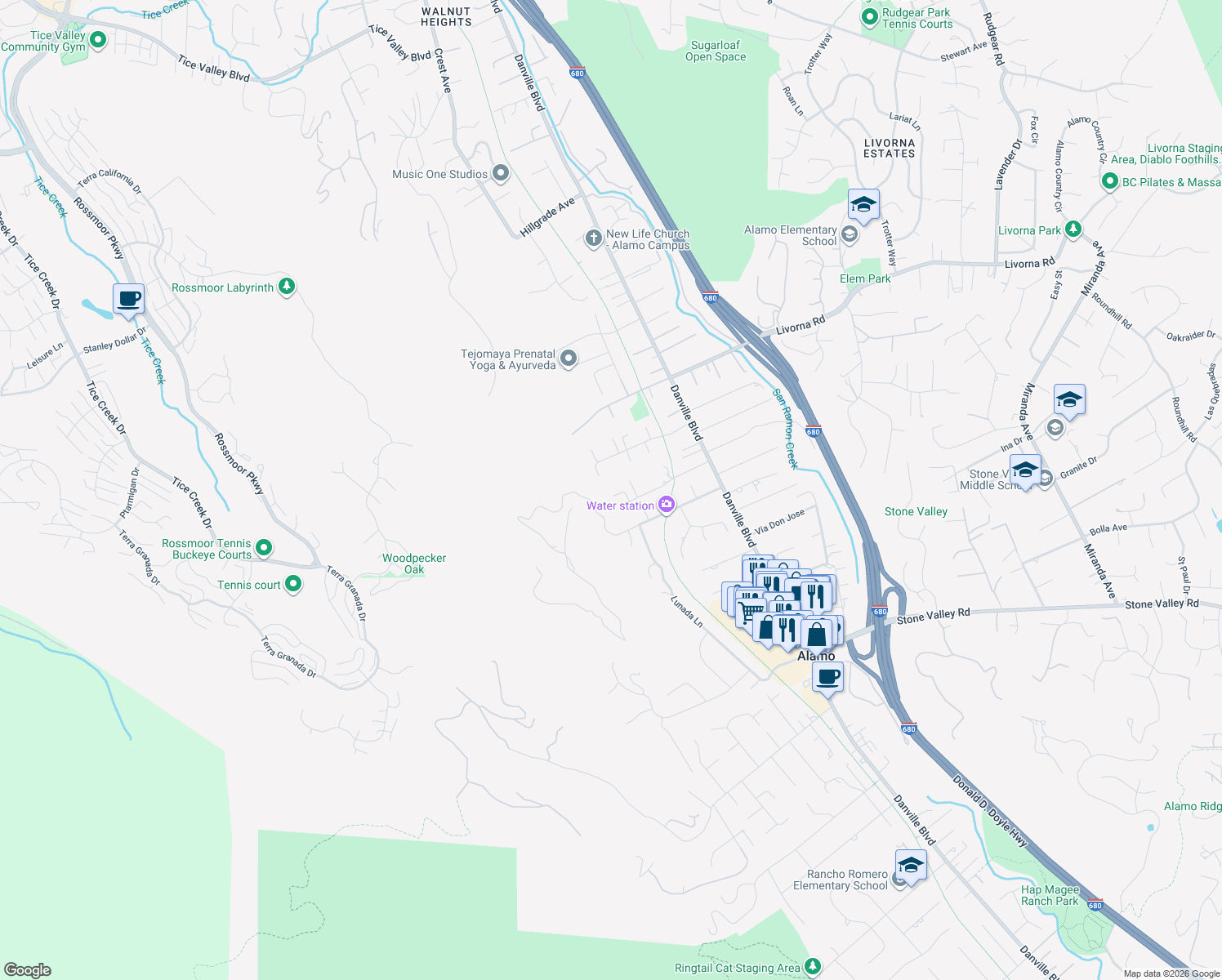 map of restaurants, bars, coffee shops, grocery stores, and more near 1608 Litina Drive in Alamo