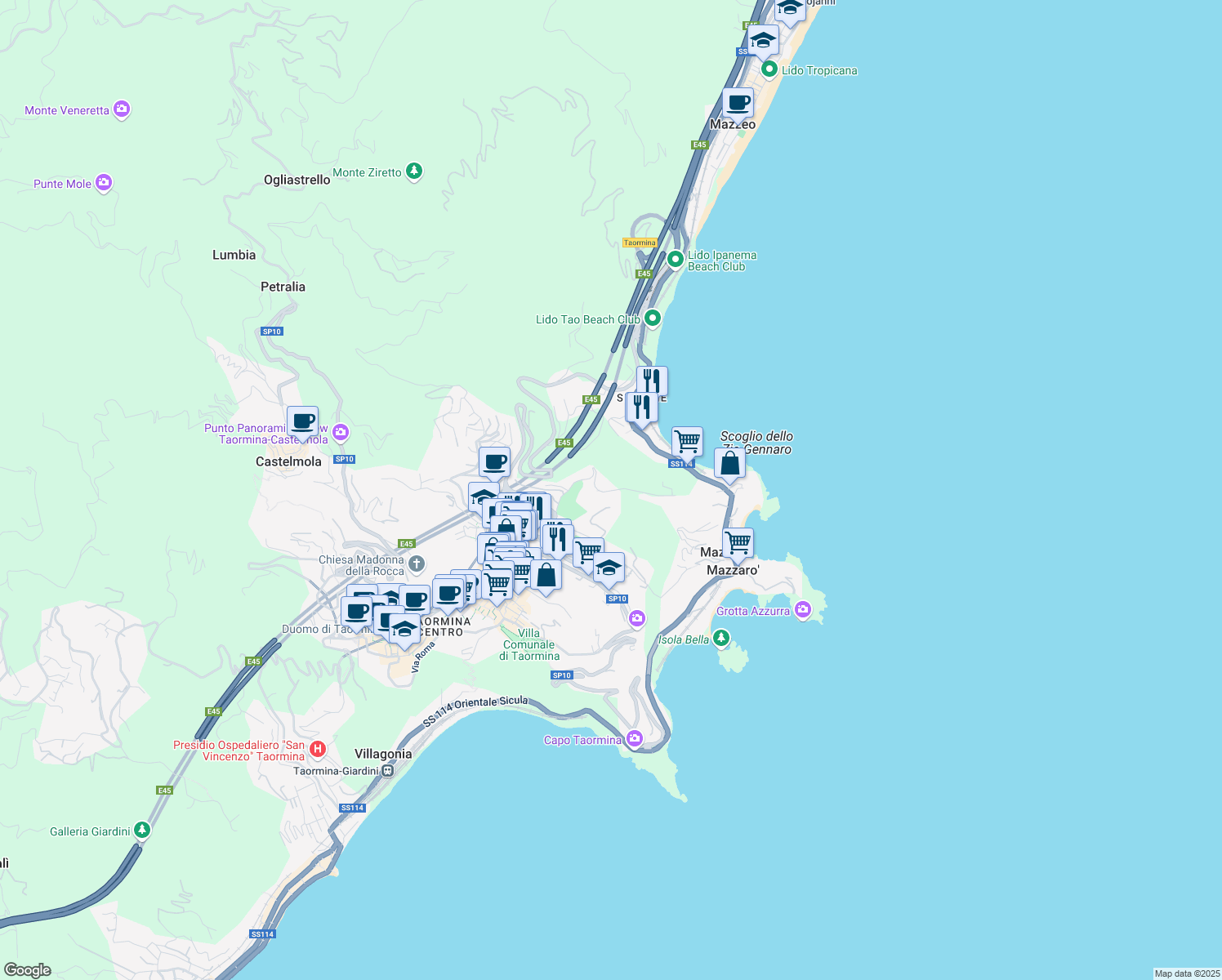map of restaurants, bars, coffee shops, grocery stores, and more near 11 Via Porta Pasquale in Taormina
