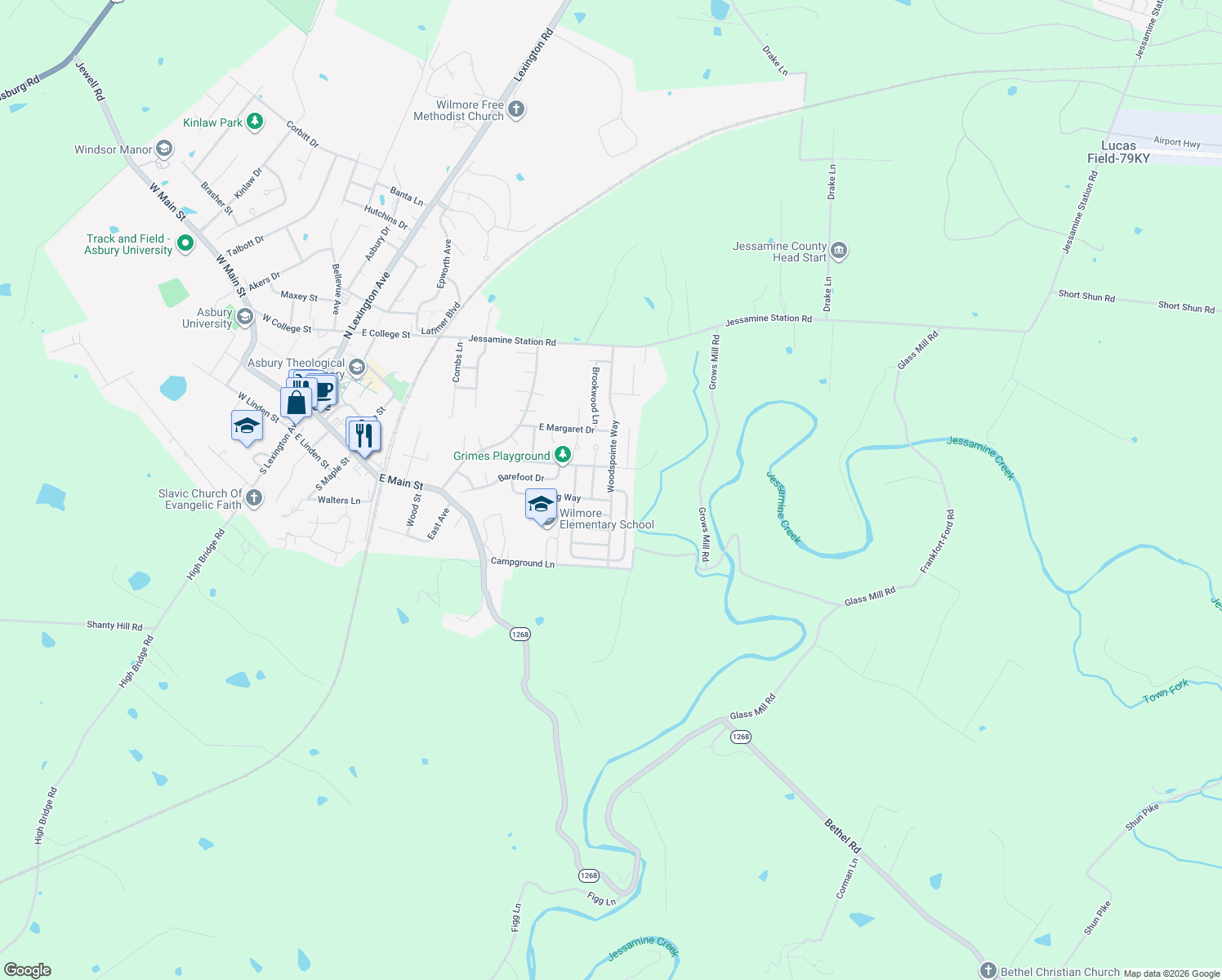 map of restaurants, bars, coffee shops, grocery stores, and more near 603 Woodspointe Way in Wilmore