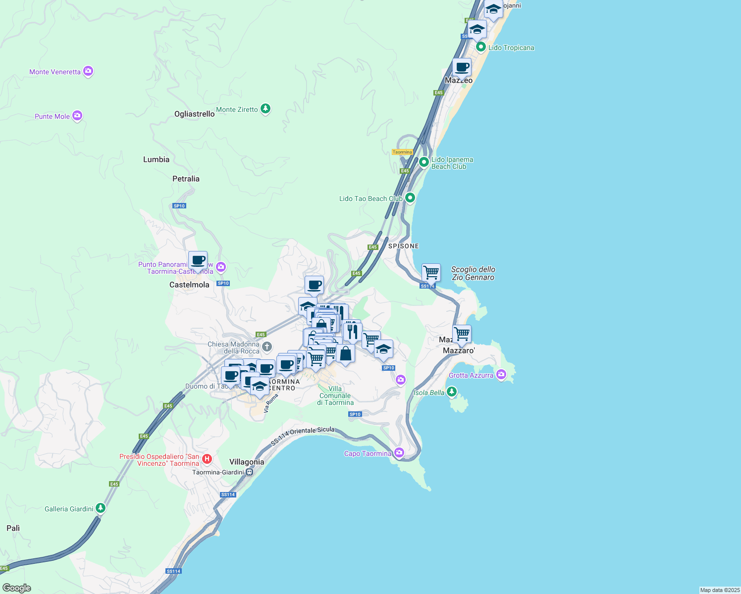 map of restaurants, bars, coffee shops, grocery stores, and more near 11 Via Porta Pasquale in Taormina