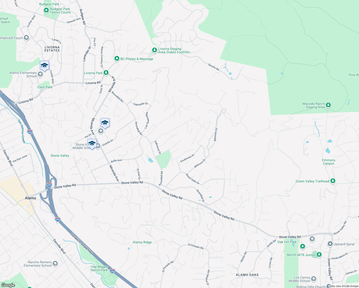 map of restaurants, bars, coffee shops, grocery stores, and more near 53 Tam O Shanter Road in Alamo