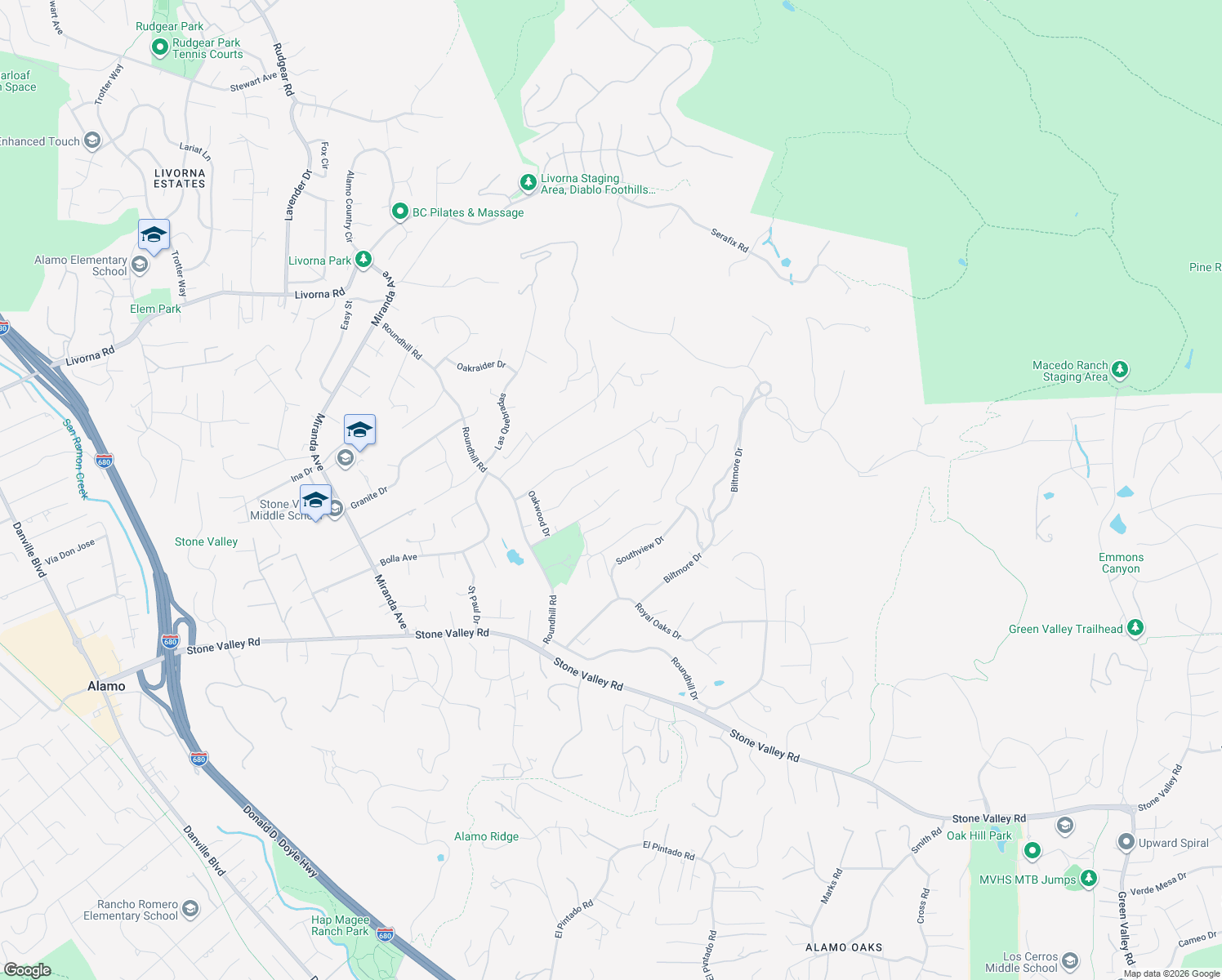 map of restaurants, bars, coffee shops, grocery stores, and more near 53 Tam O Shanter Road in Alamo