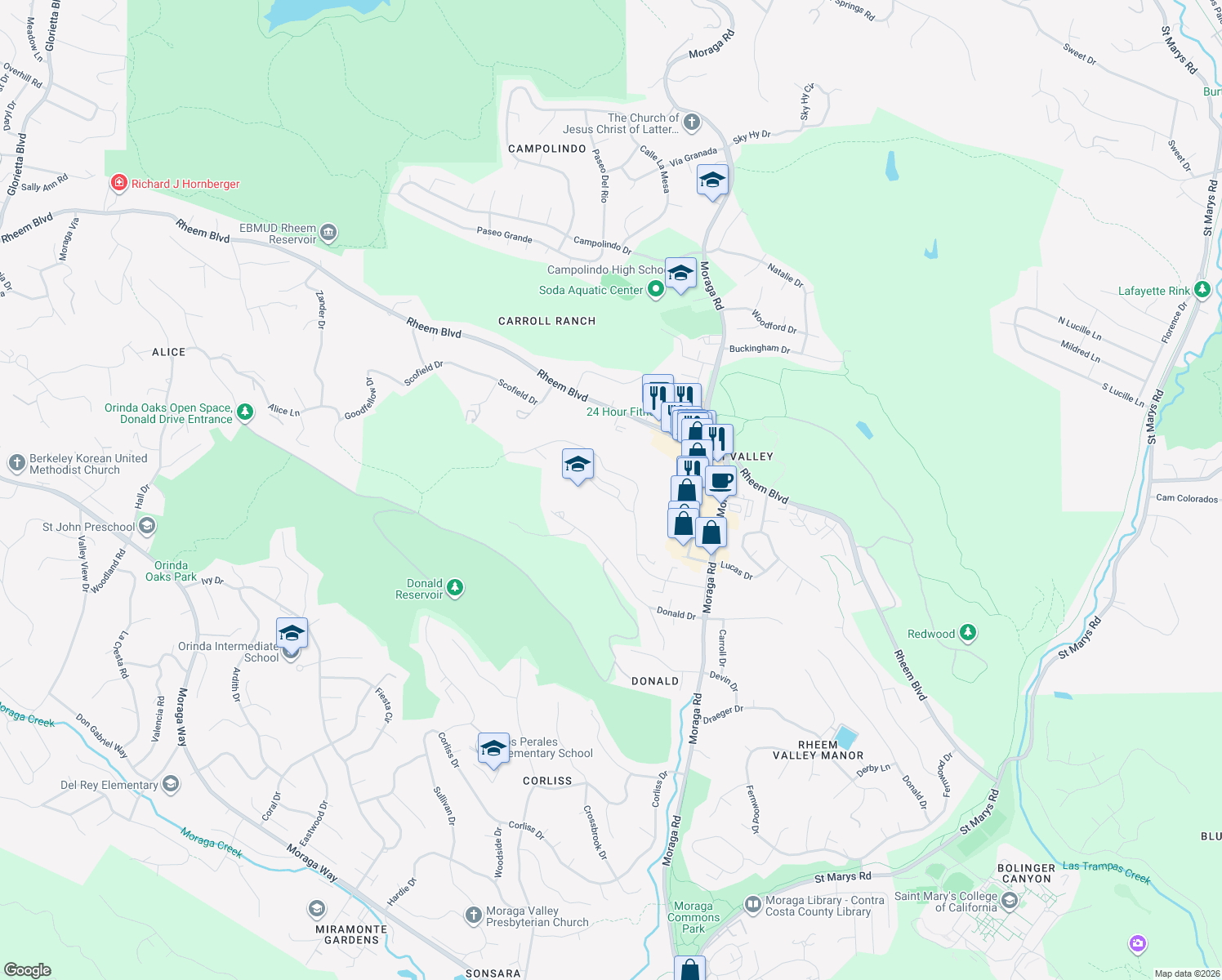 map of restaurants, bars, coffee shops, grocery stores, and more near 122 Ascot Court in Moraga