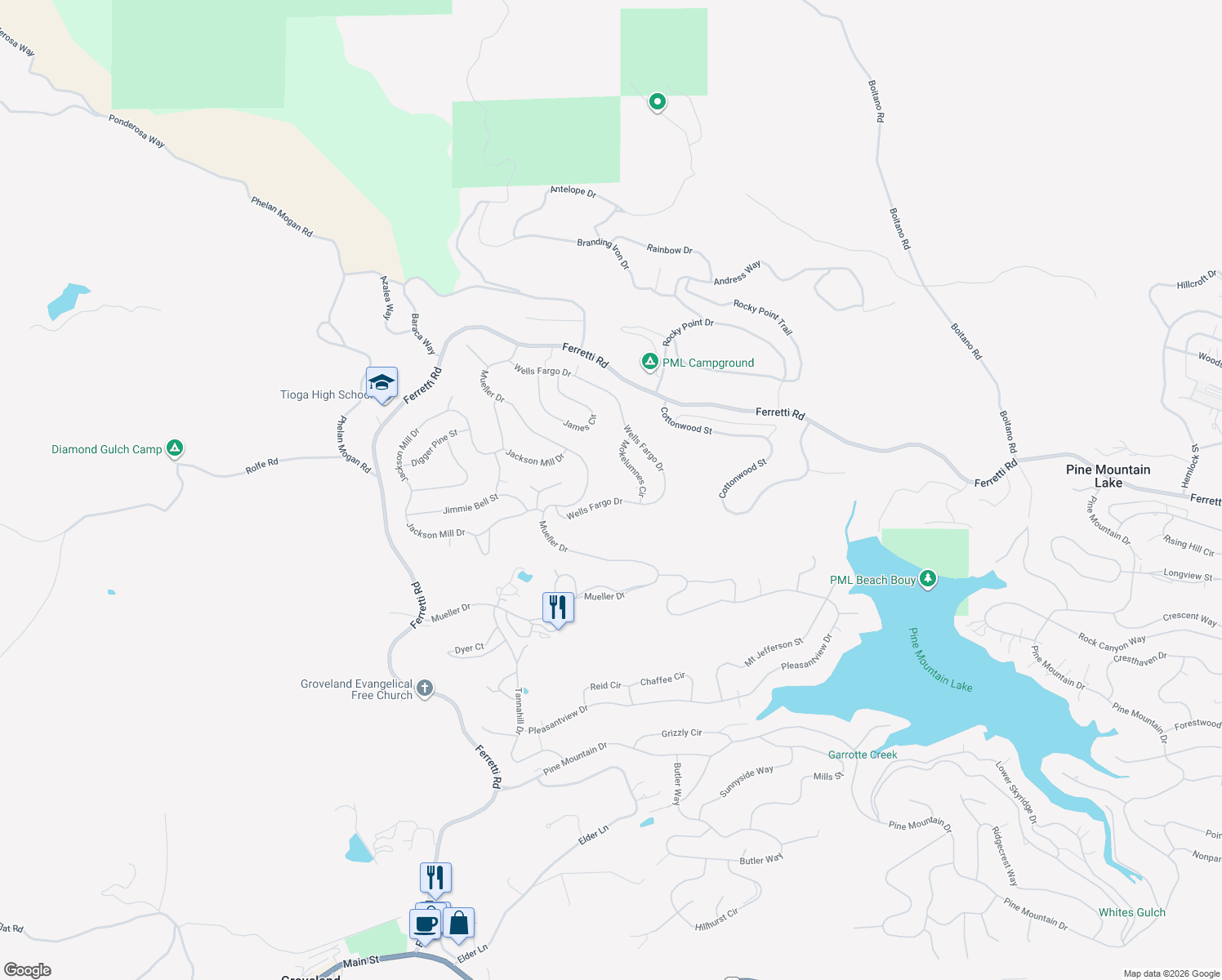 map of restaurants, bars, coffee shops, grocery stores, and more near 13066 Moeklumnes Circle in Groveland
