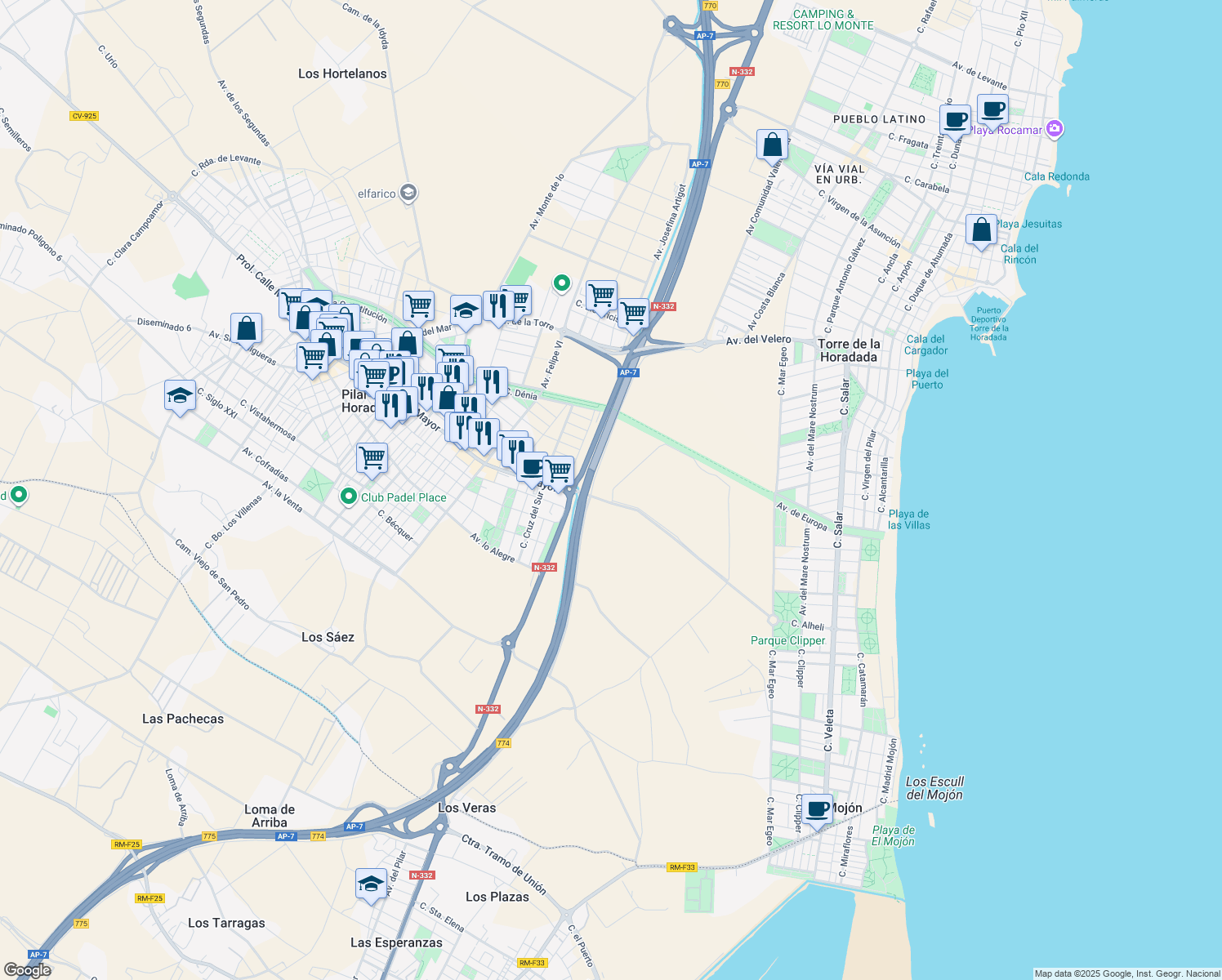 map of restaurants, bars, coffee shops, grocery stores, and more near in Pilar de la Horadada