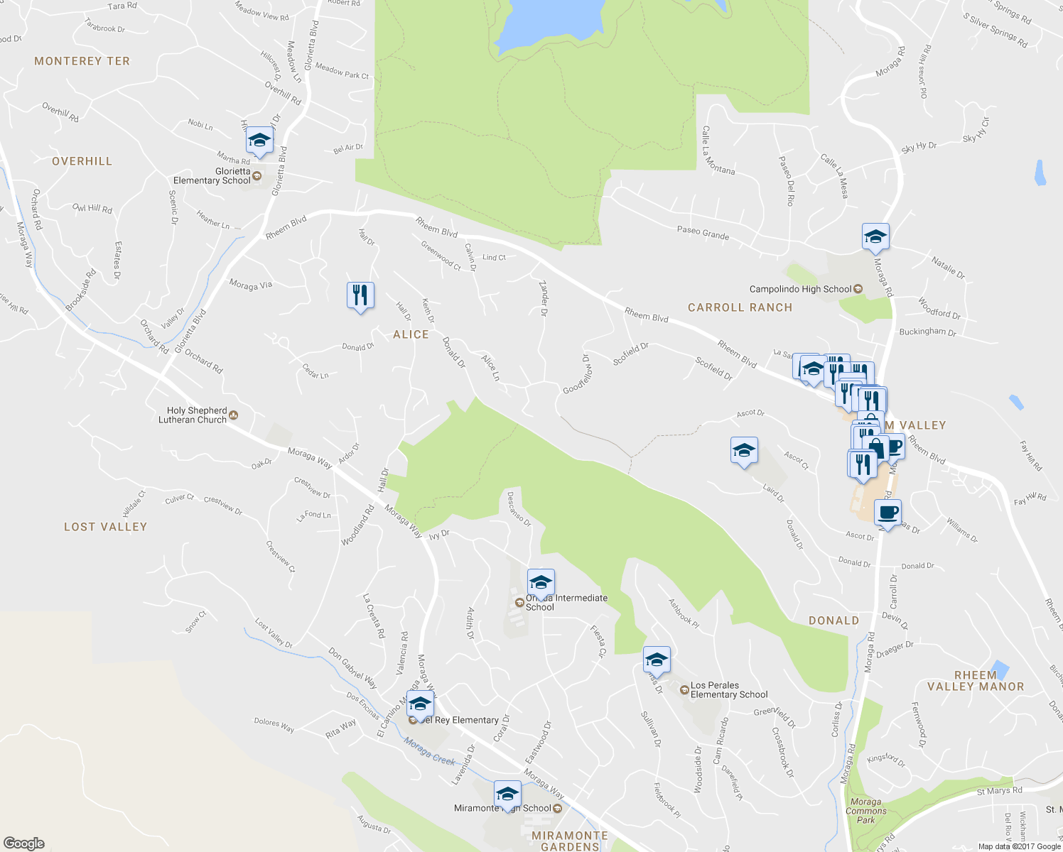 map of restaurants, bars, coffee shops, grocery stores, and more near 75 Donald Drive in Orinda