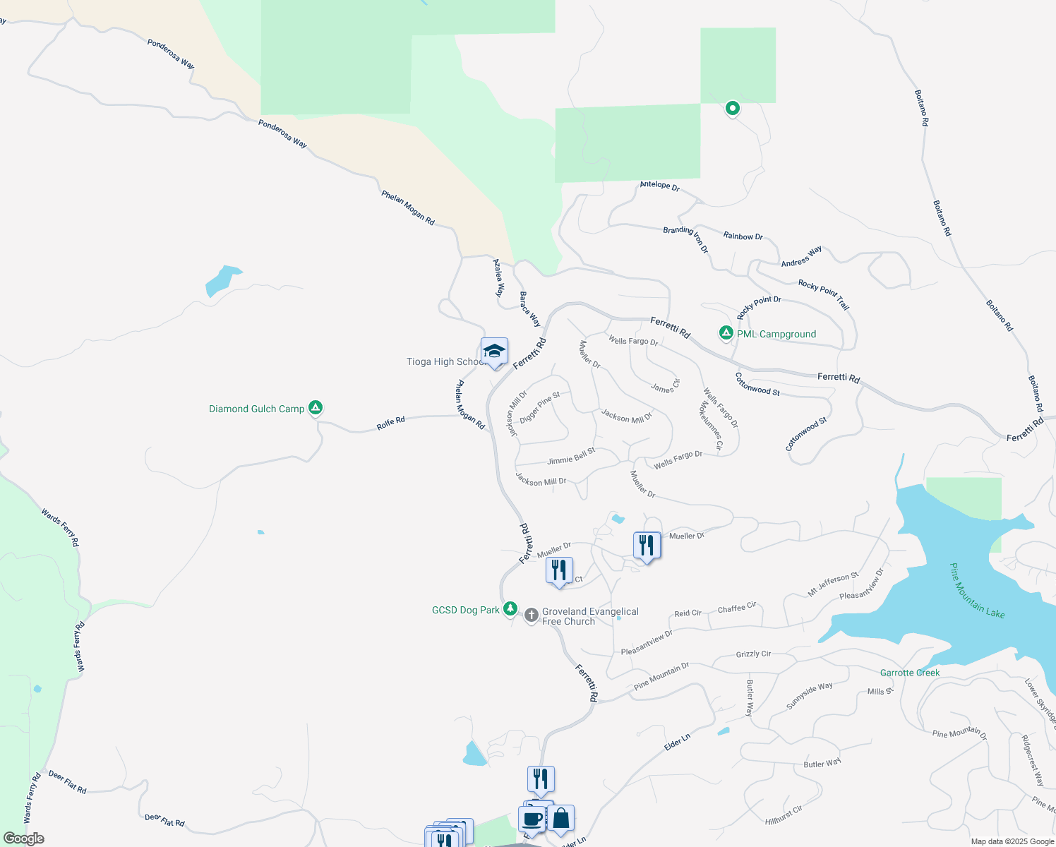 map of restaurants, bars, coffee shops, grocery stores, and more near 18987 Digger Pine Street in Groveland